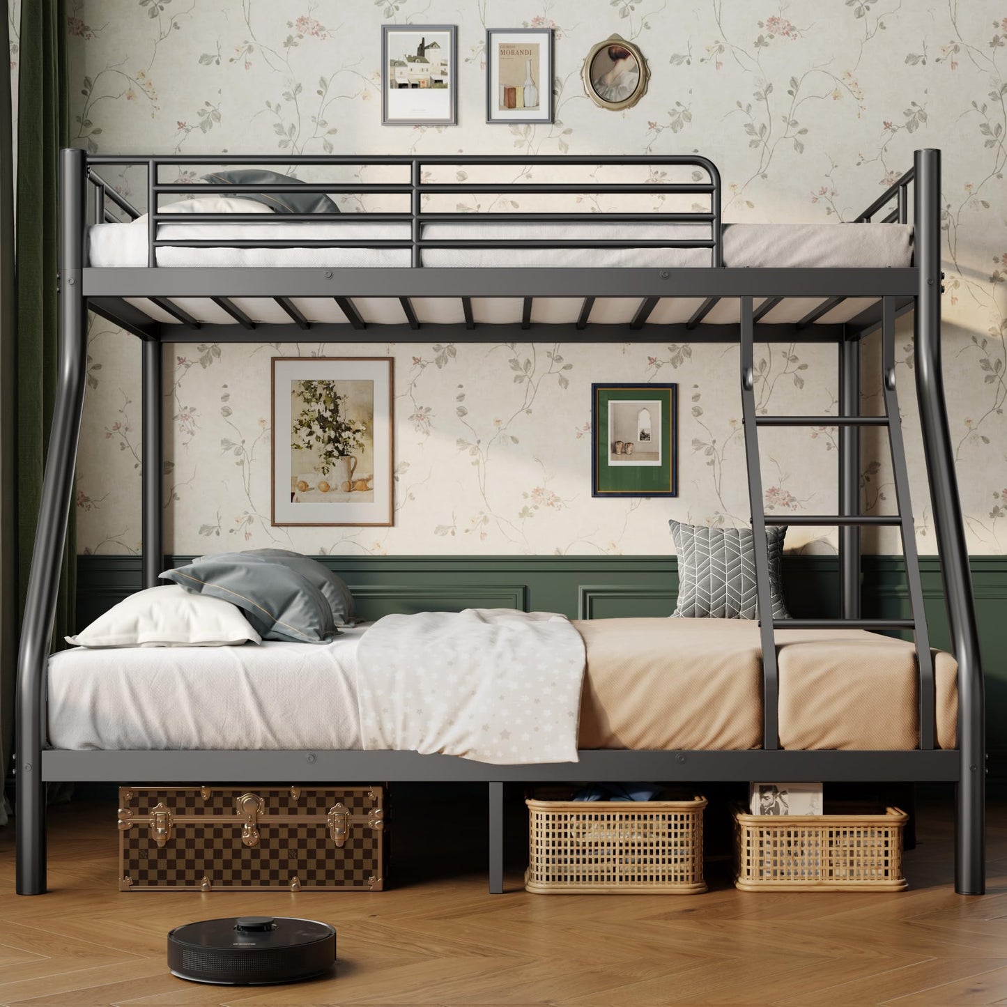Cyranture Bunk Beds Twin Over Full Size, Heavy Duty Bunk Beds with Bottom Space & Guardrail Metal Bunk Bed Frame for Adults Dorm Bedroom Guest Room, No Box Spring Needed（Upgrate Black）