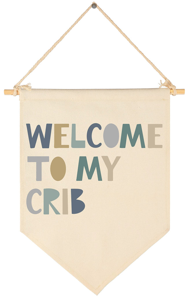 Boys Nursery Gift-Welcome to My Crib- Canvas Hanging Pennant Flag Banner Wall Sign Decor Gift for Nursery Baby Kids Boy Newborn Nephew Teen Bedroom Playroom Front Door- Birthday Christmas Gift