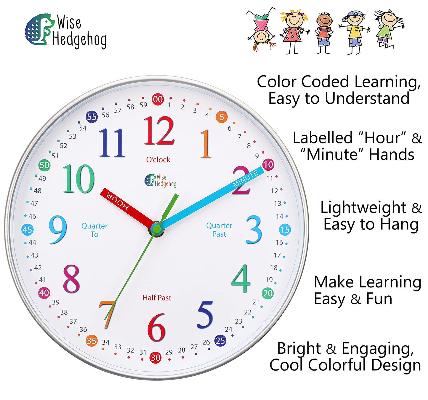 WISE HEDGEHOG Telling Time Teaching Clock, 10 inch Silent Non Ticking, Battery Operated, Analog Learning Clock for Kids, Perfect Wall & Kids Room Decor & School Classrooms