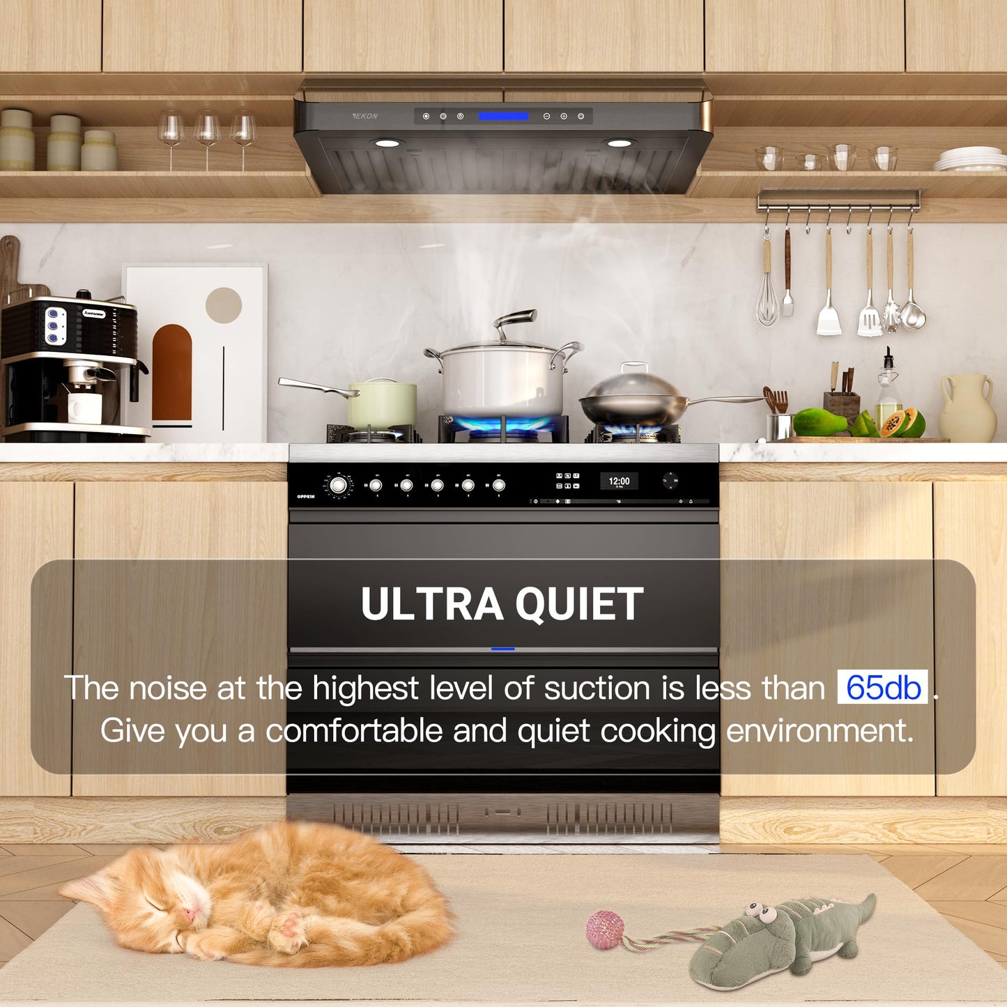 EKON 42 inches Black Under Cabinet Range Hood, 900 CFM Stainless Steel Kitchen Chimney Vent, 4 Speed Touch Screen Control With Remote 2Pcs 3W LED lights Dishwasher-safe Filters Fan Timer