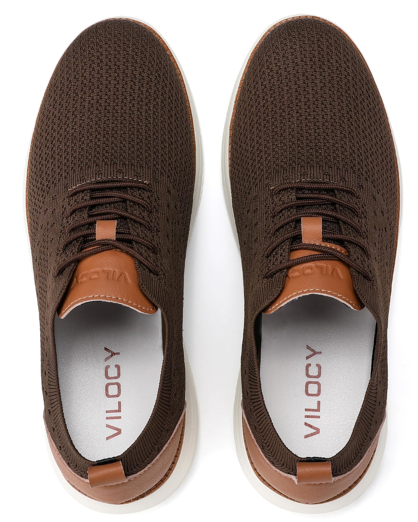 VILOCY Men's Dress Sneakers Oxfords Casual Business Shoes Lace Up Lightweight Walking Knit Mesh Fashion Sneakers Brown, EU45