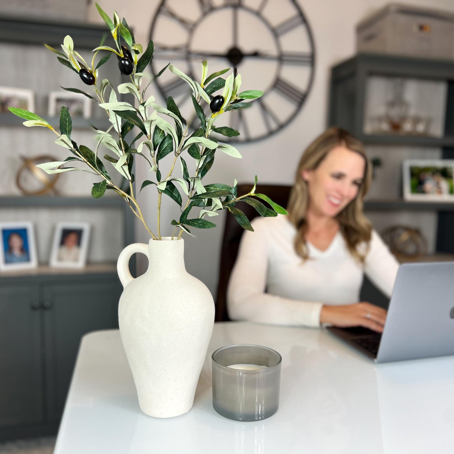 Laurel and Vine Matte Textured 10 Inch Tall White Vase Including 22 Inch Olive Branches for Vases, Medium Artificial Topiaries Fake Plants, Minimalist Shelf Decor, Neutral Home Office Desk Room Decor