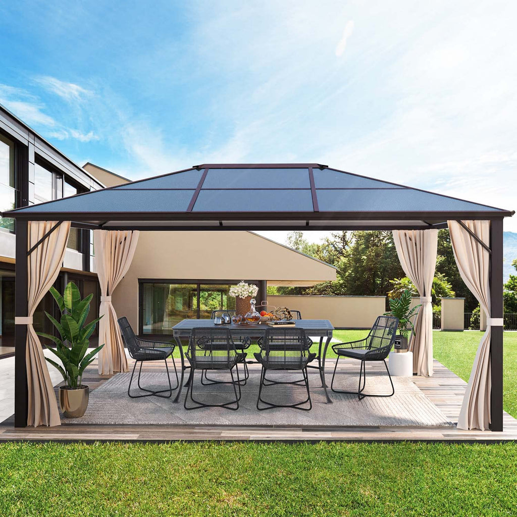 YOLENY 10'x12' Hardtop Gazebo, Outdoor Polycarbonate Roof Canopy, Aluminum Frame Permanent Pavilion with Curtains and Netting, Sunshade for Garden, Patio, Lawns