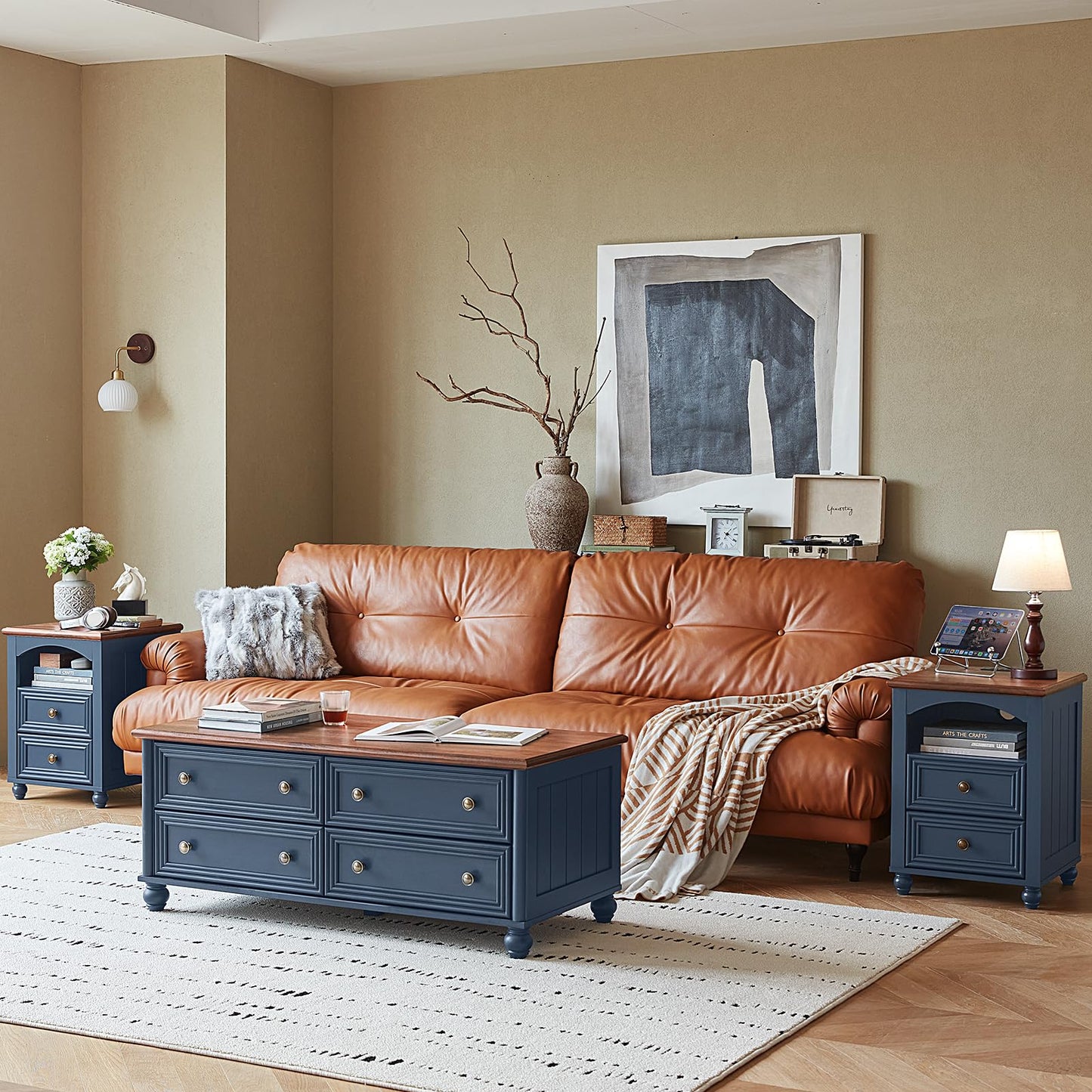 Farmhouse Dressers & Night Stand Set of 4, Wood 54" Wide Dresser & 43.5"Tall Chest of Drawers, 18" with Charging Station Nightstand Set of 2, Bedroom Furniture Dresser Set for Home Living Room Hallway