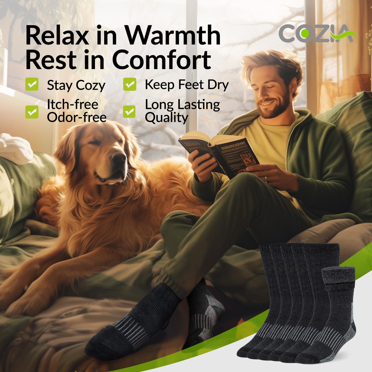 COZIA Merino Wool Socks Casual Warm Socks for Winter Cozy Boot Socks for Men & Women Black ML