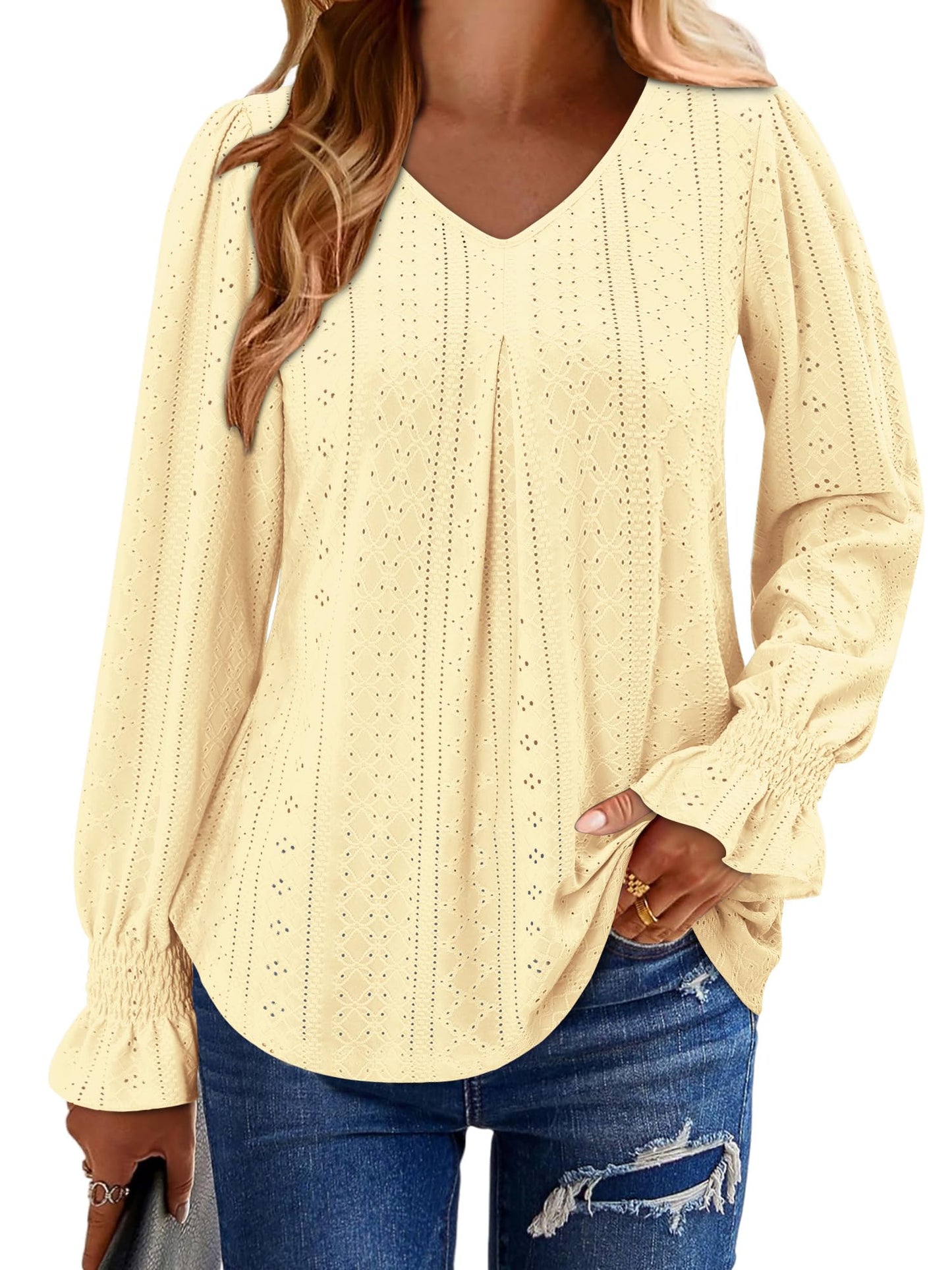 KISSMODA Blouses For Women Business Casual Work Tops Womens Shirts Dressy Casual Plus Size Blouses Wrinkle Free Travel Clothes Tunic Shirts Puff Sleeve Blouse Light Yellow L