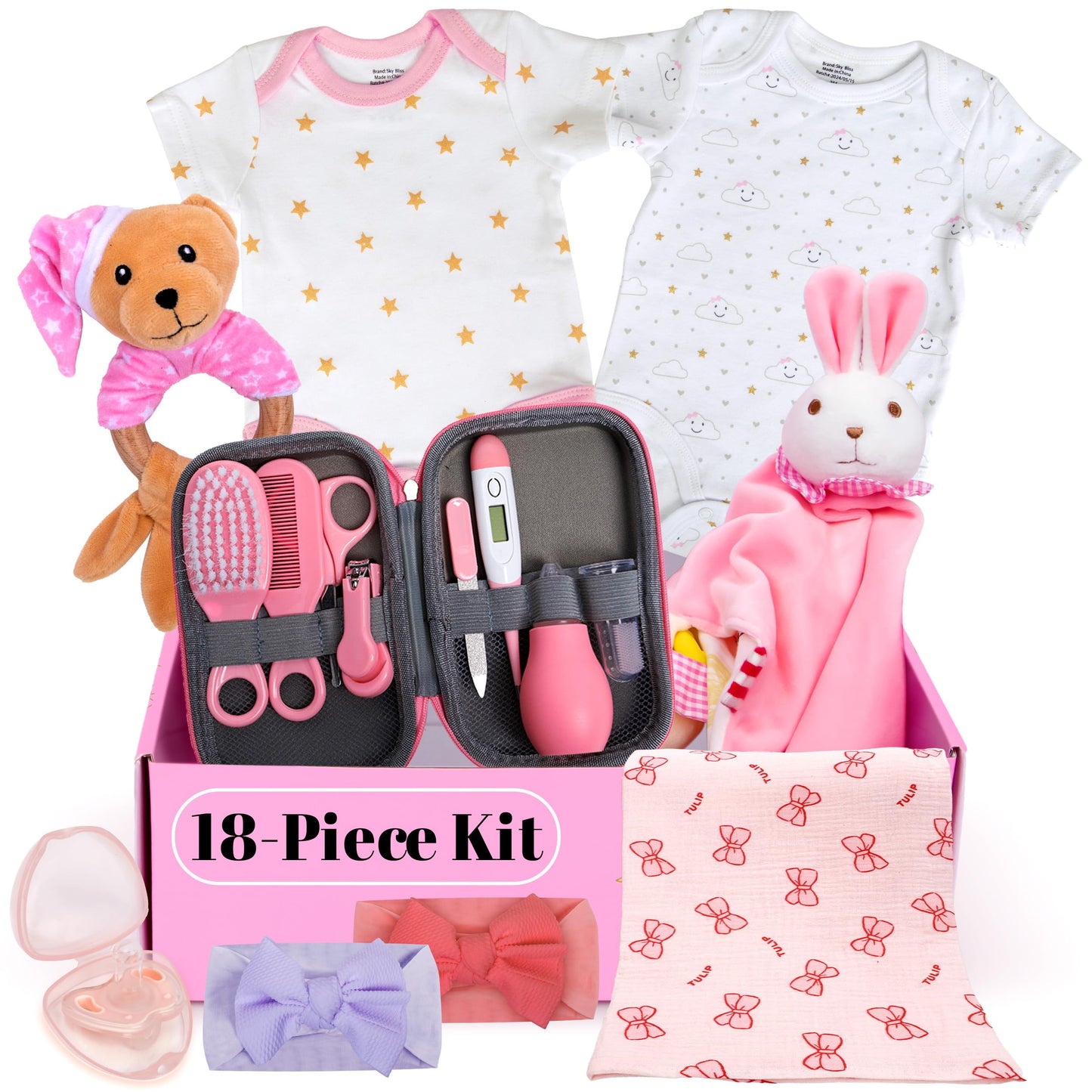 Sky Bliss 18pc Gift Set, Baby Grooming kit, Baby Clothes, Baby Rattle, Baby Blanket, Swaddle, Pacifier, Gifts for New Baby Girl, Newborn Essentials, Baby Gift Set (Grooming Kit), Gift for New mom.