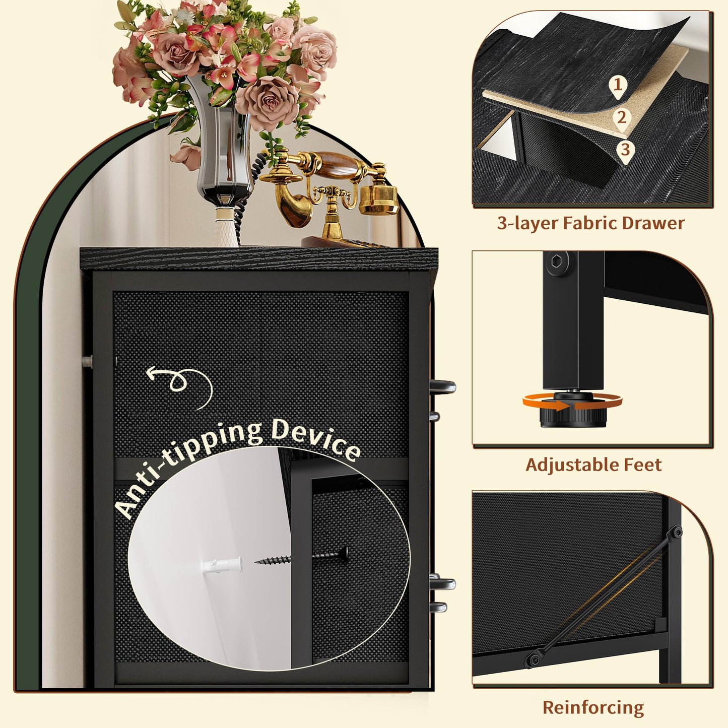 Romorgniz Dresser for Bedroom with 13 Fabric Drawers, Black Dresser with LED & 4 Charging Ports, 47''H Chest of Drawers with Open Storage Shelves for Hallway, Entryway