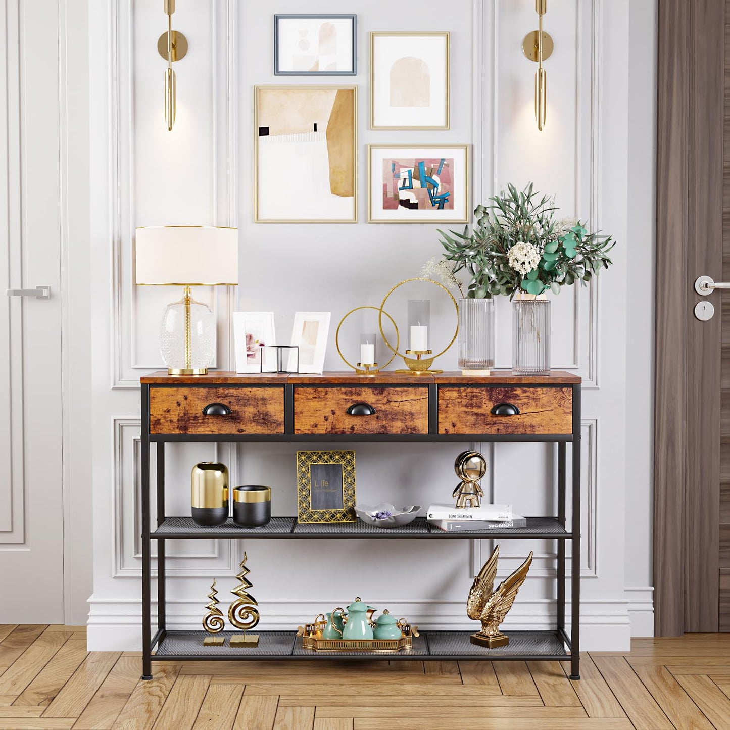 Furologee Entryway Table, 38'' Console Sofa Table with 3 Fabric Drawers, Industrial Entry Way Table with Storage Shelves, Display Shelf for Living Room, Hallway, Entrance, Foyer, Rustic Brown
