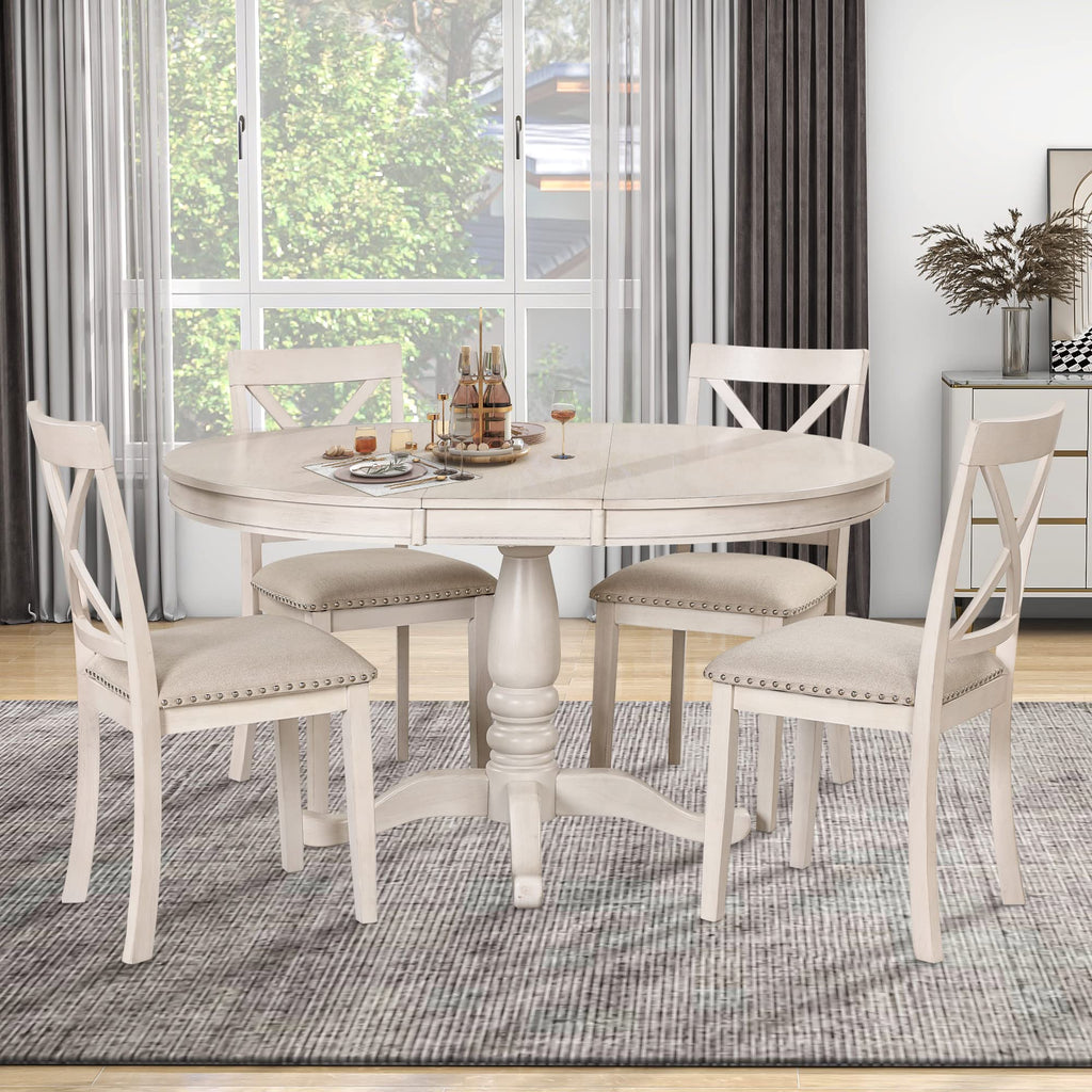 Voohek 5-Piece Kitchen Dining Set for 4, with Extendable Round Wood Table and Chair, Classic Family Furniture for Dinette, Compact Space, Antique White