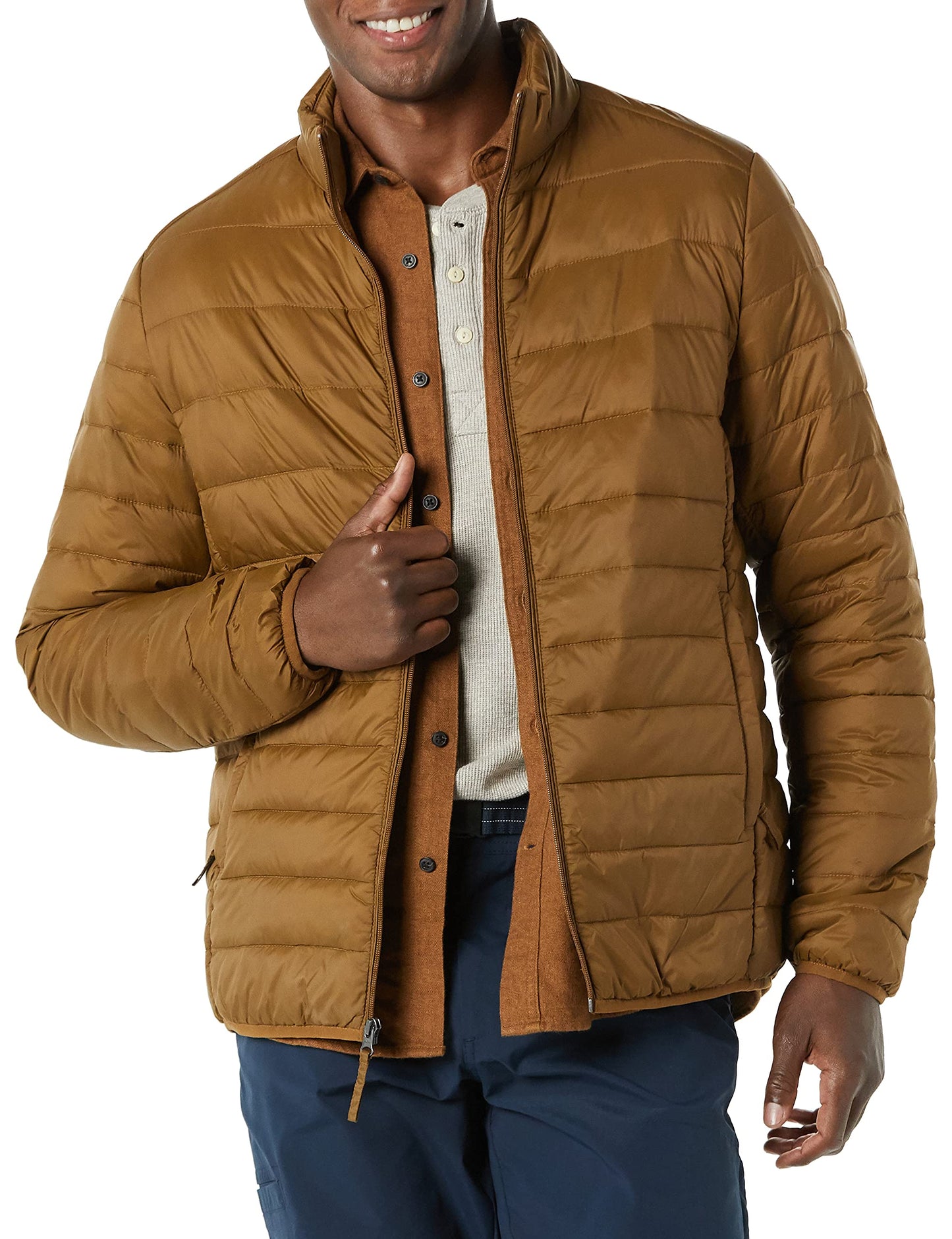 Amazon Essentials Men's Packable Lightweight Water-Resistant Puffer Jacket (Available in Big & Tall), Light Brown, Large
