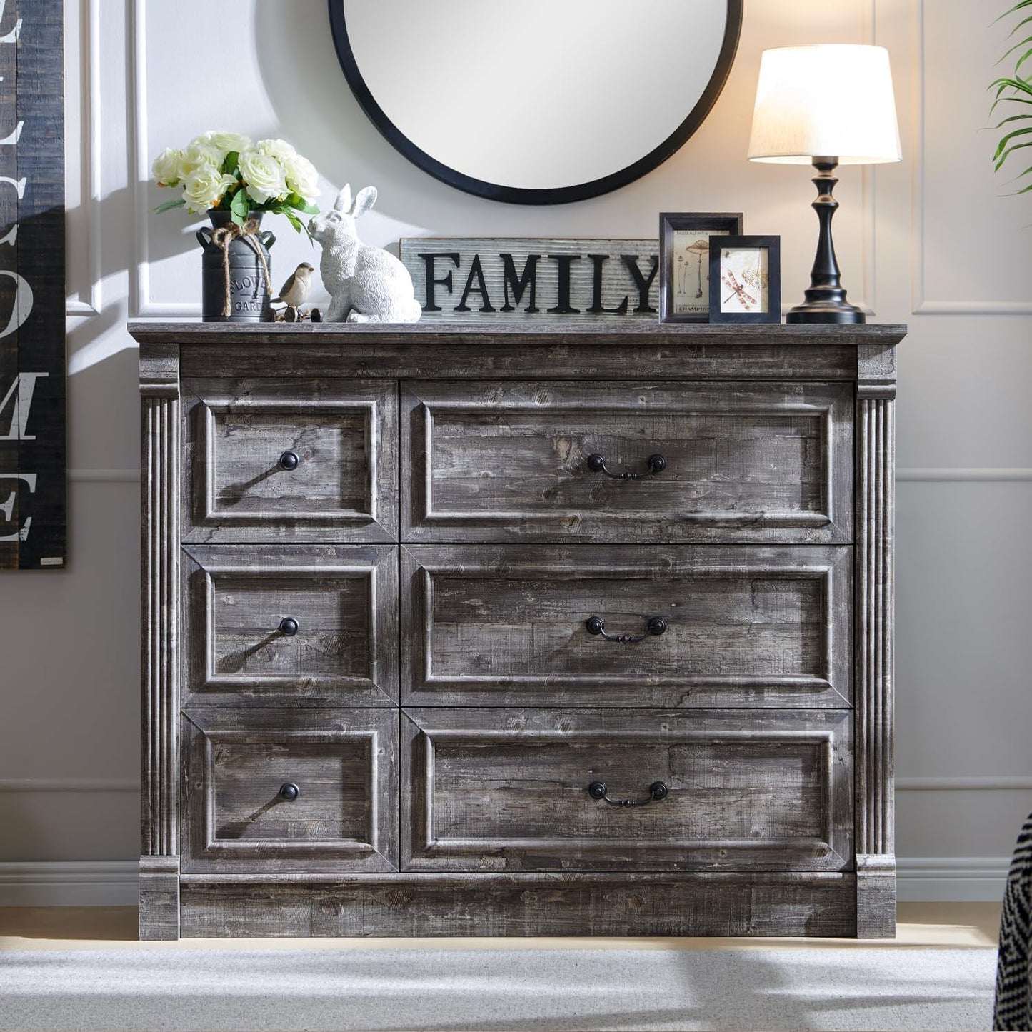 Aitjunz Farmhouse 6 Drawers Dresser for Bedroom, 48" Wide Large Dressers & Chests of Drawers w/Roman Column, Storage Dressers Organizer for Bedroom, Hallway, Living Room, Light Grey