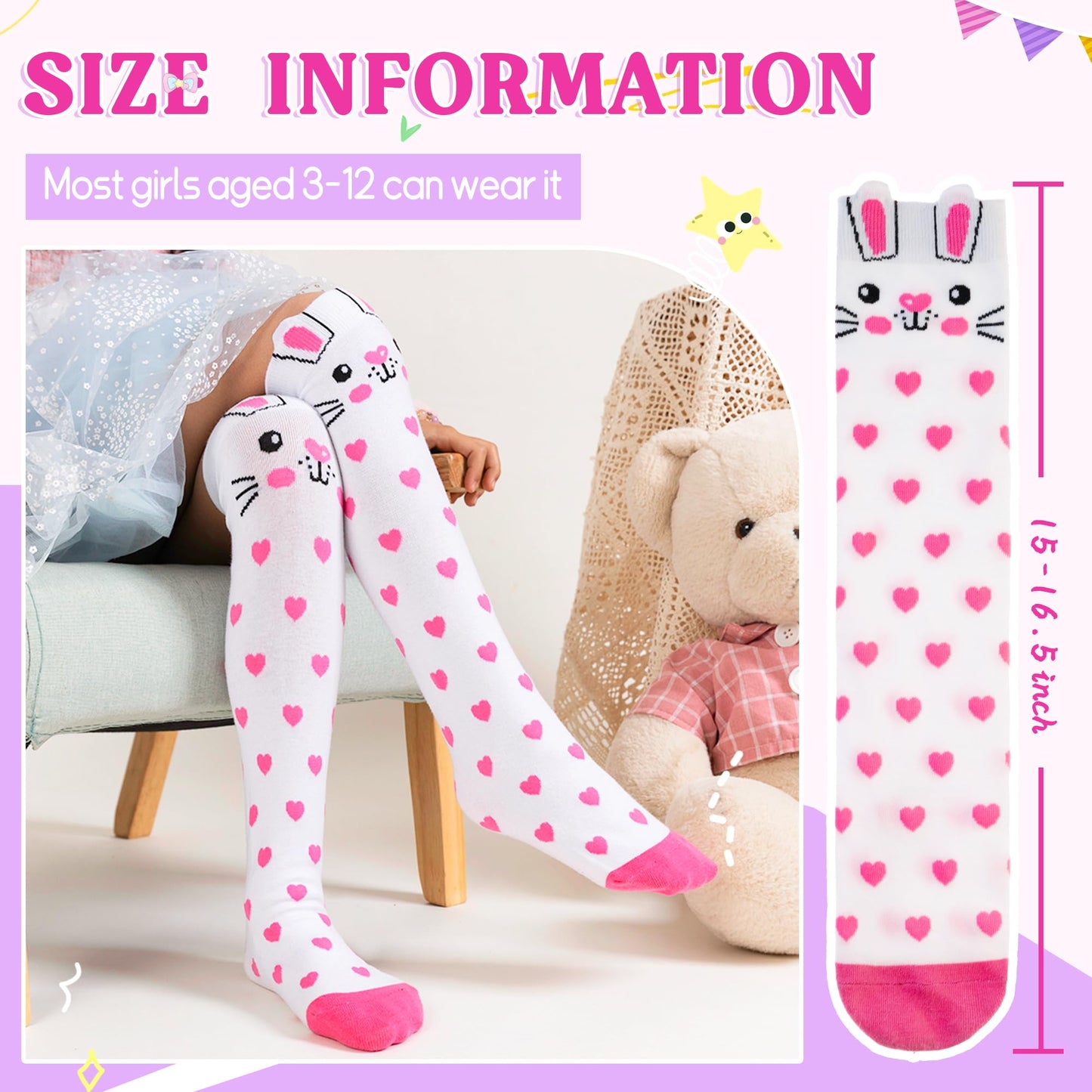 Eocom Girls Knee High Socks Kids Crazy Fun Gift Silly Tall Boot Cute Animal Cotton Long Socks 6 Pairs(Pink Purple Animal, 3-12 Years)