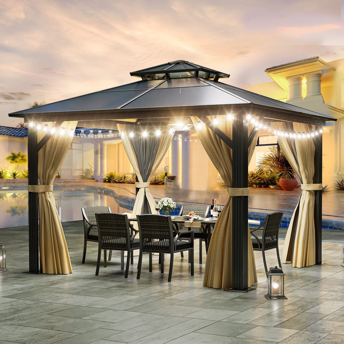 DWVO 10x10ft Hardtop Gazebo Double Roof Polycarbonate Canopy Outdoor with Netting and Shaded Curtains, Aluminum Frame Garden Tent for Patio, Backyard, Deck and Lawns