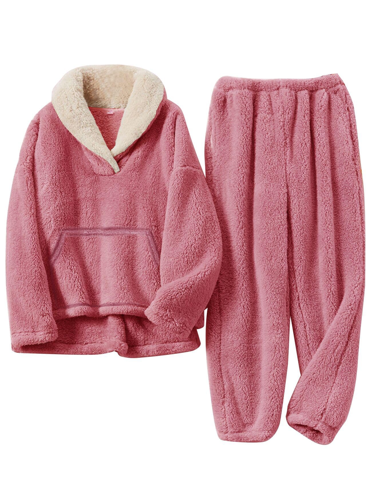 Flygo Girls Fuzzy Pants Set Fleece Outfits Winter Flannel Fluffy Pullover Sweatshirt Top Pants Sweatsuit(Pink-S)
