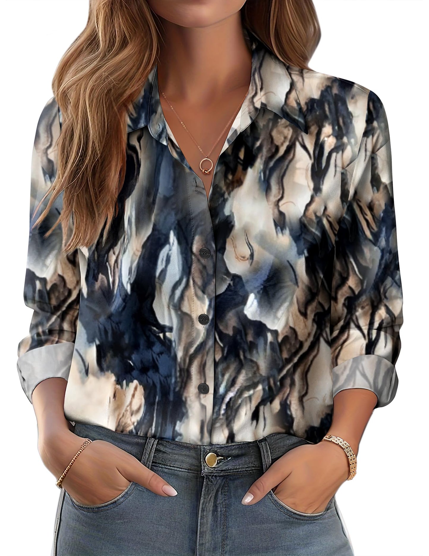 Zeagoo Womens Clothing Long Sleeve Blouses Vneck Button Down Shirts Printed Tops Ladies Fashion Outfit