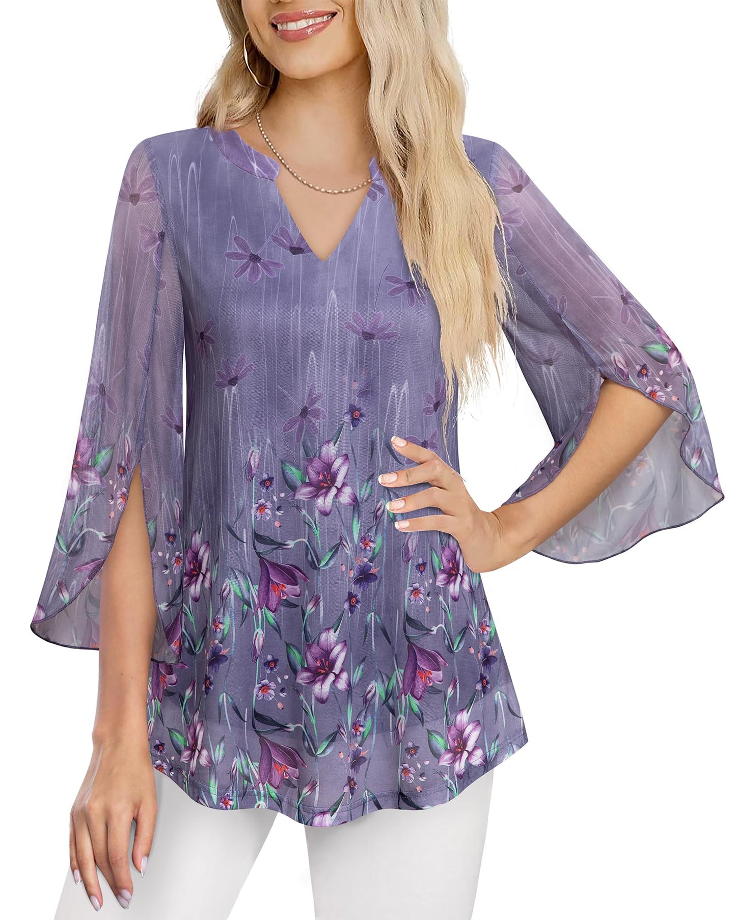 VALOLIA Bell Sleeve Tops for Women, Ladies Ruffle 3/4 Sleeve V Neck Tops and Blouses for Work Office Plus Size A-Line Swing Loose Fit Casual Lightweight Layered Tunics Shirt for Fall Purple Medium
