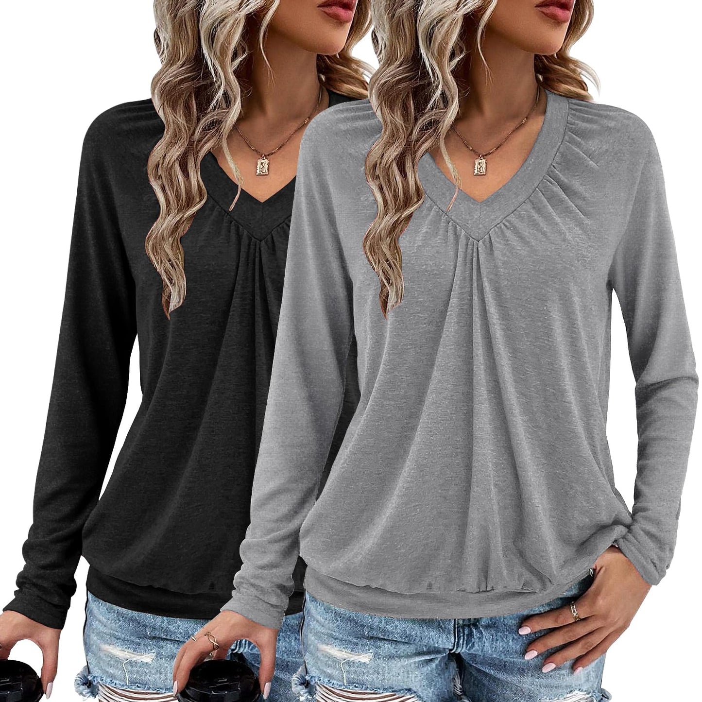 AIZHINENG 2 Pack Women Tops Long Sleeve Shirts V Neck Loose Fit Soft Casual Solid Color T-Shirts Fall Clothing