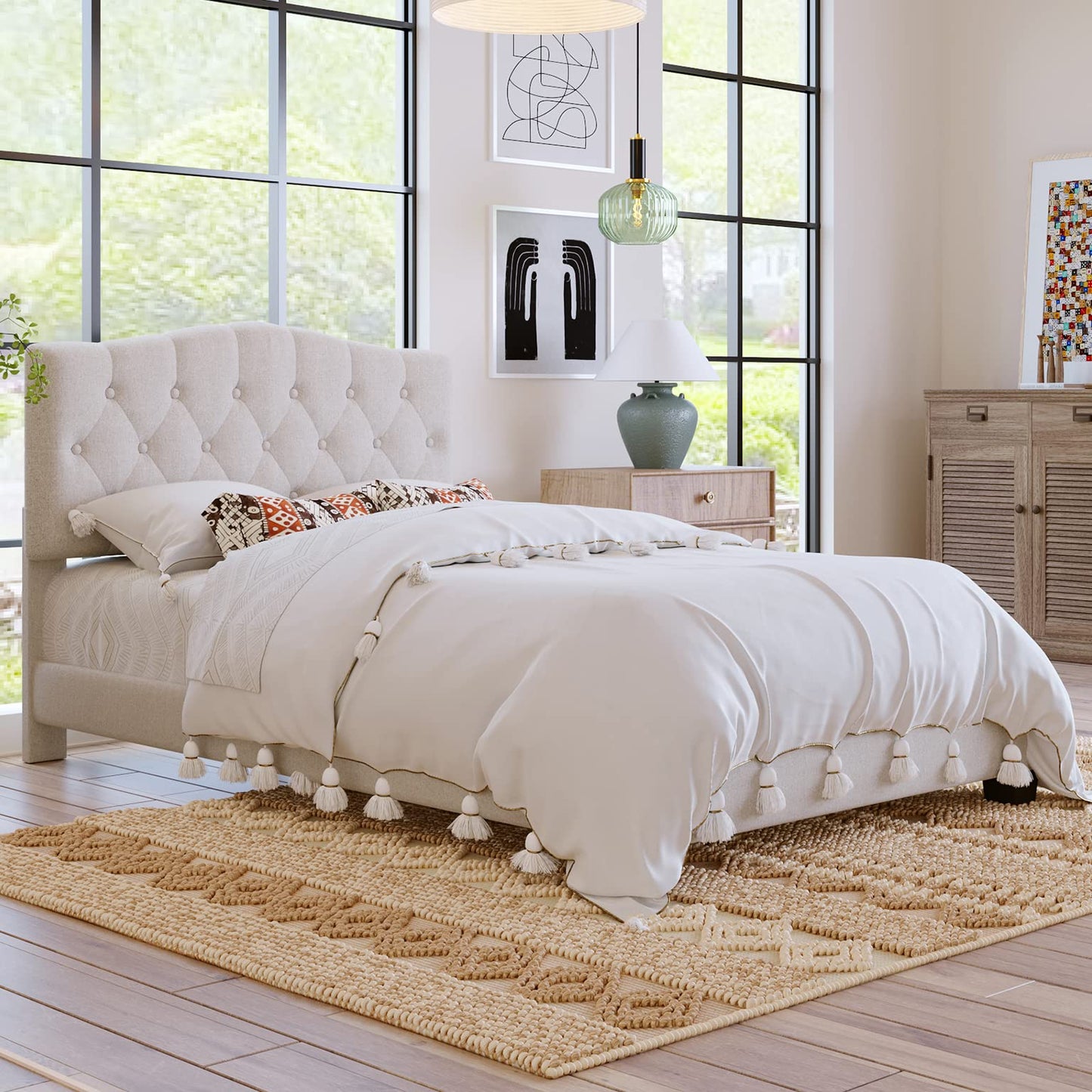Harper & Bright Designs Full Size Upholstered Platform Bed Frame with Adjustable Headboard and Button Tufted, Wooden Slats and Metal Support, No Box Spring Needed,Beige