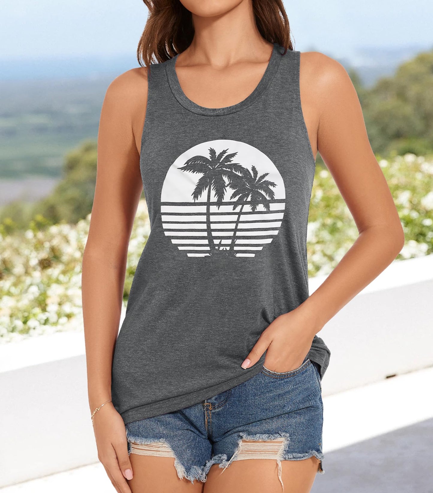 JILUVIN Tank Tops for Women Racerback Summer Sleeveless Casual Graphic Basic Top Shirts, Black Coconut Trees, L