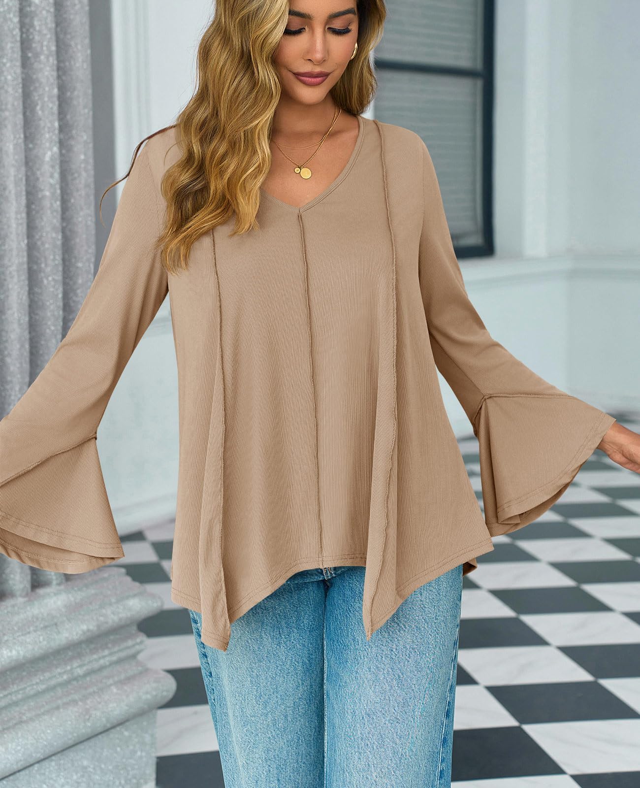 Tankaneo Womens Long Bell Sleeve Tops V Neck Asymmetrical Hem Ribbed Shirts Flowy Trendy Loose Fit Tees Tunic Shirts Khaki