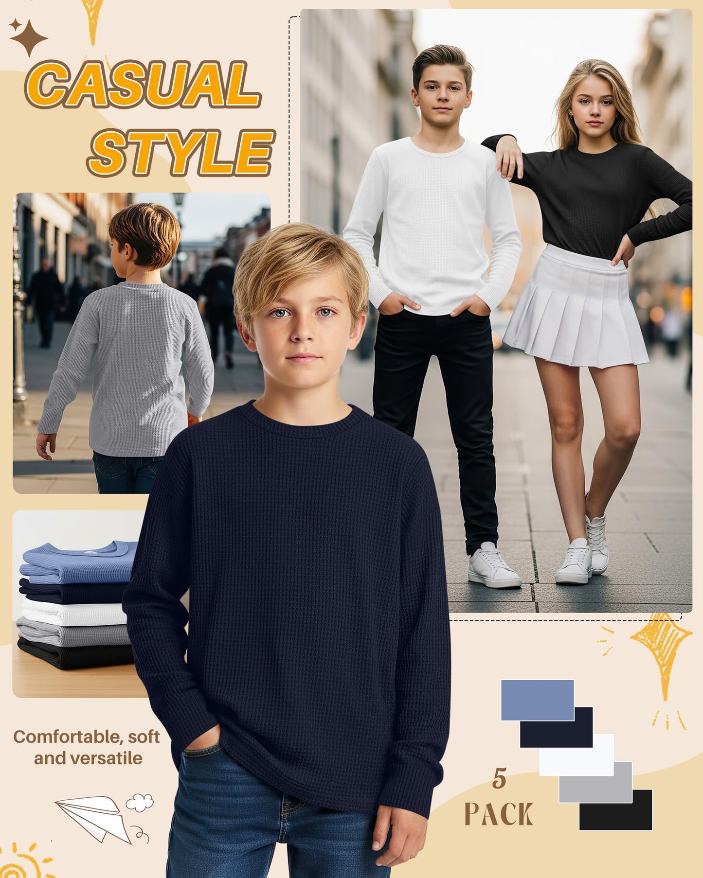 LessonZoo 5 Pack Boy's Long Sleeve Shirts, Waffle Knit Crew Neck Tops T-Shirts Basic Layer Undershirts 5-14 Years Kids(Black, Haze Blue, Navy Blue, White, Gray,11-12 Years)