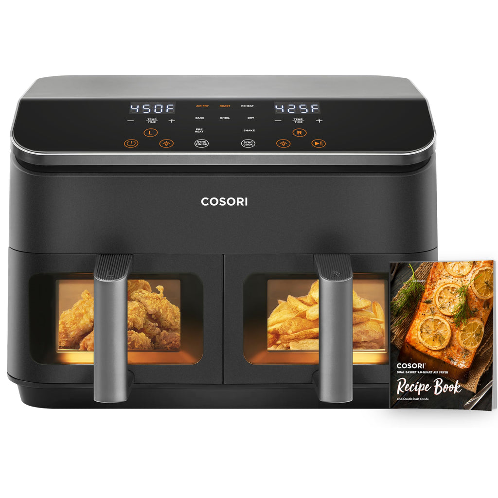COSORI Dual Basket Air Fryer 9 Qt, Large and Wider Double Airfryer, 8-in-1, Sync Cook & Finish Family Meals, Bake, Roast, Broil and Dehydrate, Optional Preheat & Shake, Visible Window, 130 Recipes