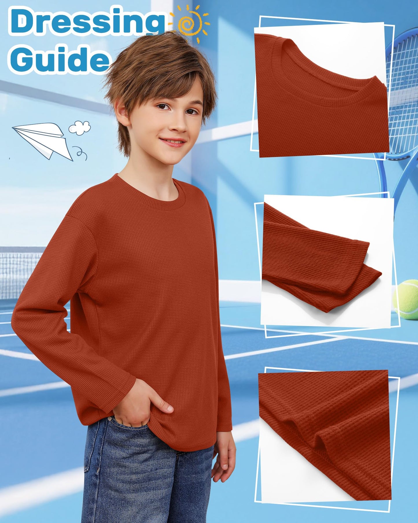 LessonZoo 5 Pack Boy's Long Sleeve Shirts, Waffle Knit Crew Neck Tops T-Shirts Basic Layer Undershirts 5-14 Years Kids(Black, Burgundy, Khaki, White, Pumpkin,11-12 Years)