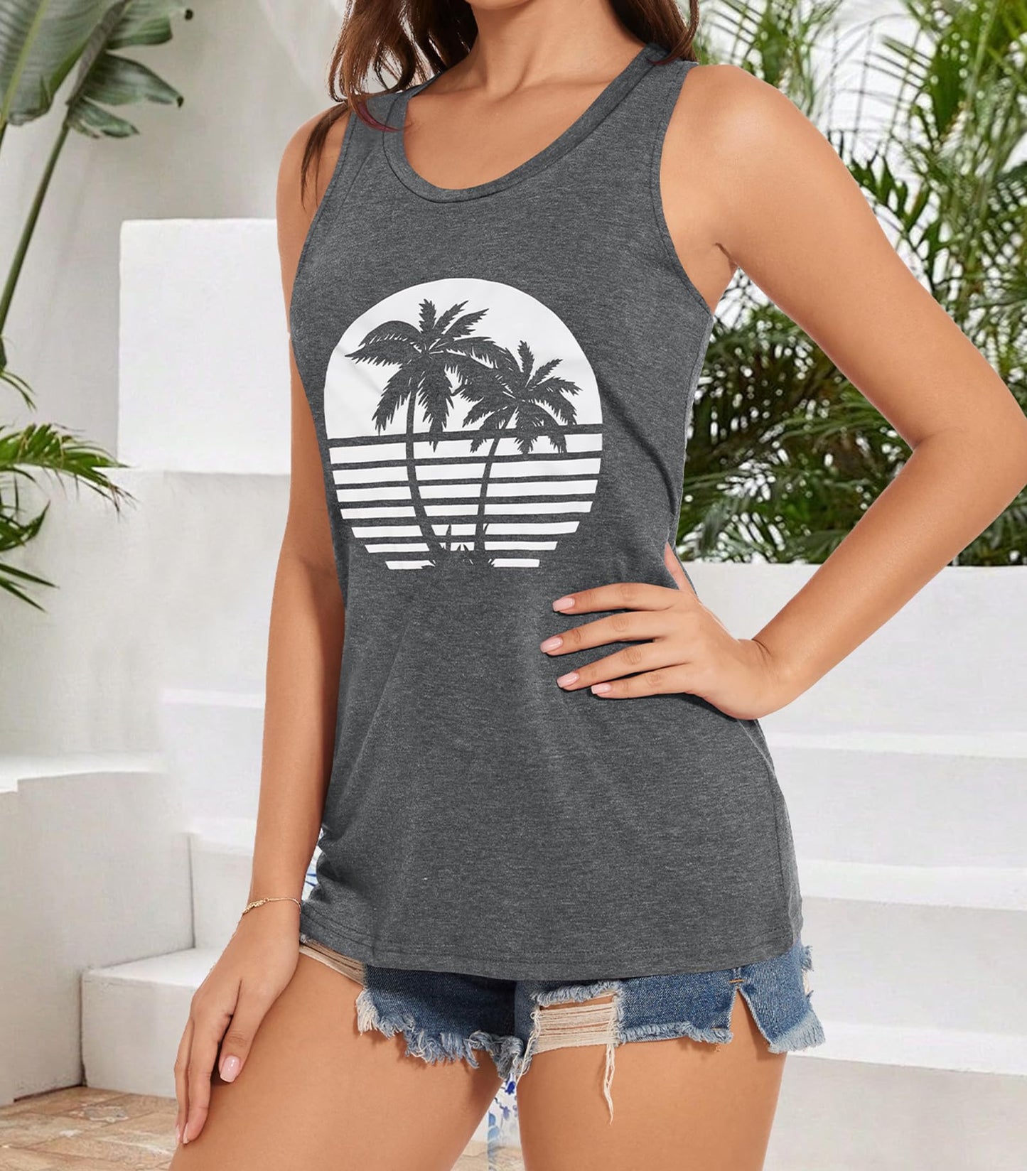 JILUVIN Tank Tops for Women Racerback Summer Sleeveless Casual Graphic Basic Top Shirts, Black Coconut Trees, L