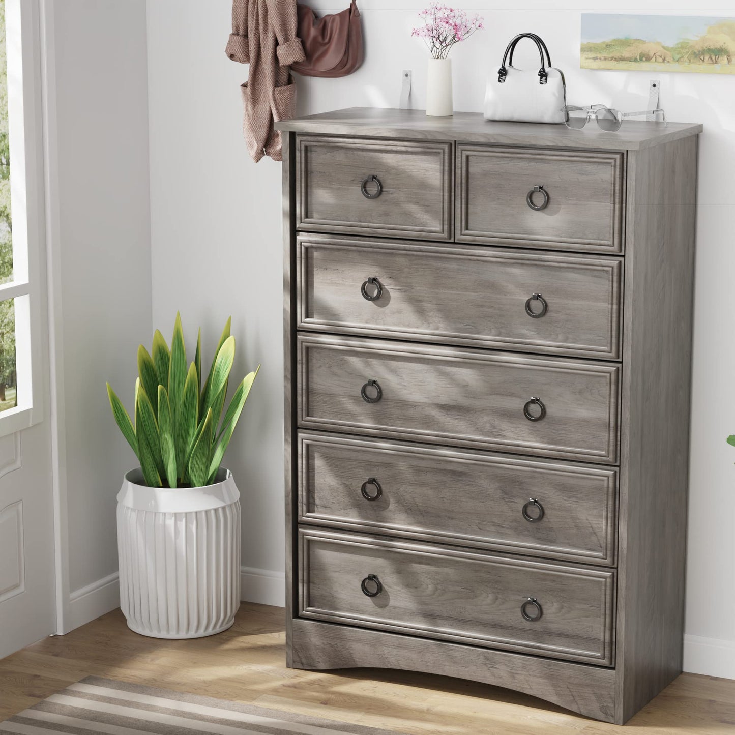 LGHM Modern Dressers for Bedroom with 6 Drawers, 6 Drawer Dresser, 44.33" Tall Chest of Drawers Closet Organizers & Storage Clothes - Easy Pull Handle, Textured Borders for Living Room, Hallway, Gray