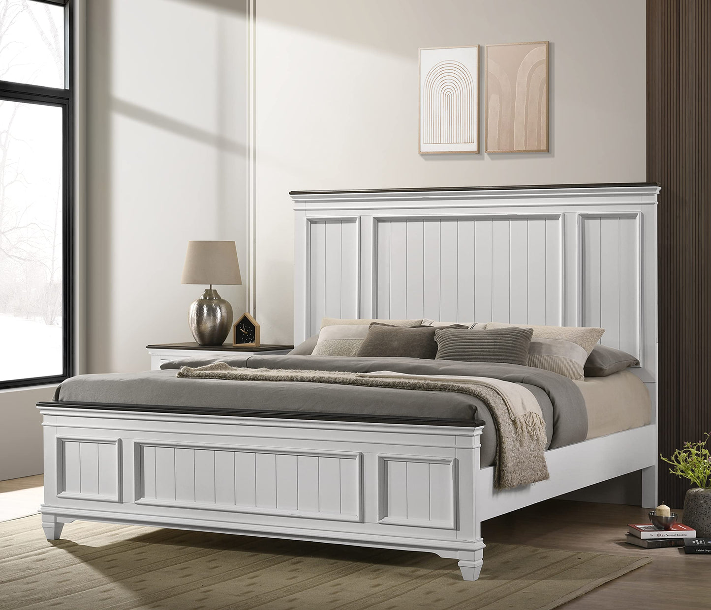 Clelane Wood Bedroom Set with Shiplap Panel King Bed, Dresser, Mirror, Two Nightstands, and Chest in Weathered White and Dark Gray