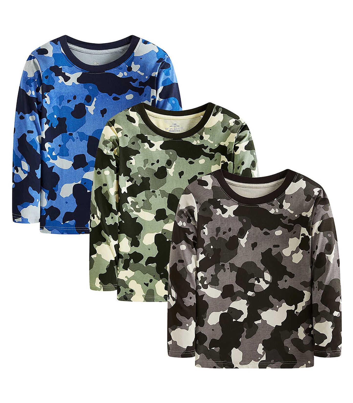 Cadidi Dinos Big Boy's Camo Pattern T-Shirt, Camouflage Long Sleeve Pullover Tops Tees Shirts Cotton Casual Crewneck Print T-Shirts 3 Packs Size 10-11 Years