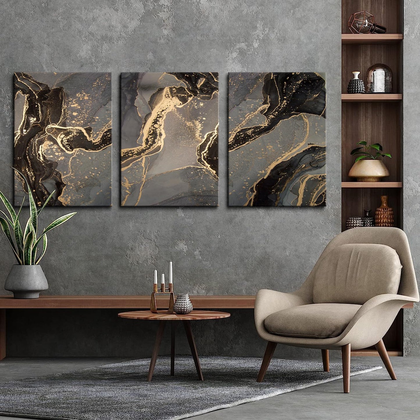 3Pcs Framed Abstract Black and Gold Canvas Wall Art Modern Marble Texture Pictures Posters Prints Artwork Abstract Gold Wall Decor for Living Room Bedroom Office bathroom Ready to Hang16x24inx3