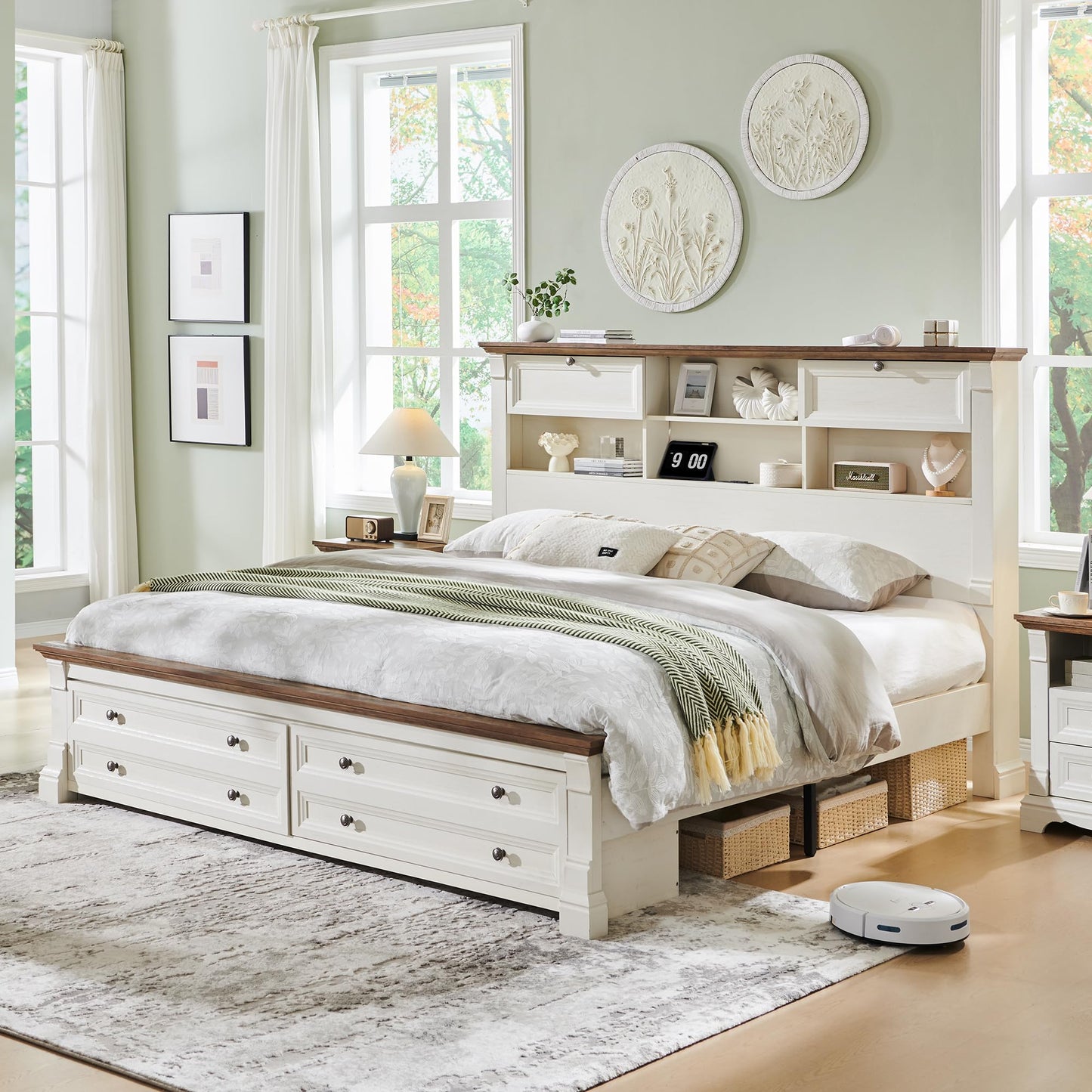 Farmhouse Queen Size Bed Frame with 54" Tall Storage Bookcase Headboard, Wood Platform Bed Frame with 2 Drawers & 18" Tall Roman Column Decoration Footboard, No Box Spring Needed(Antique White)