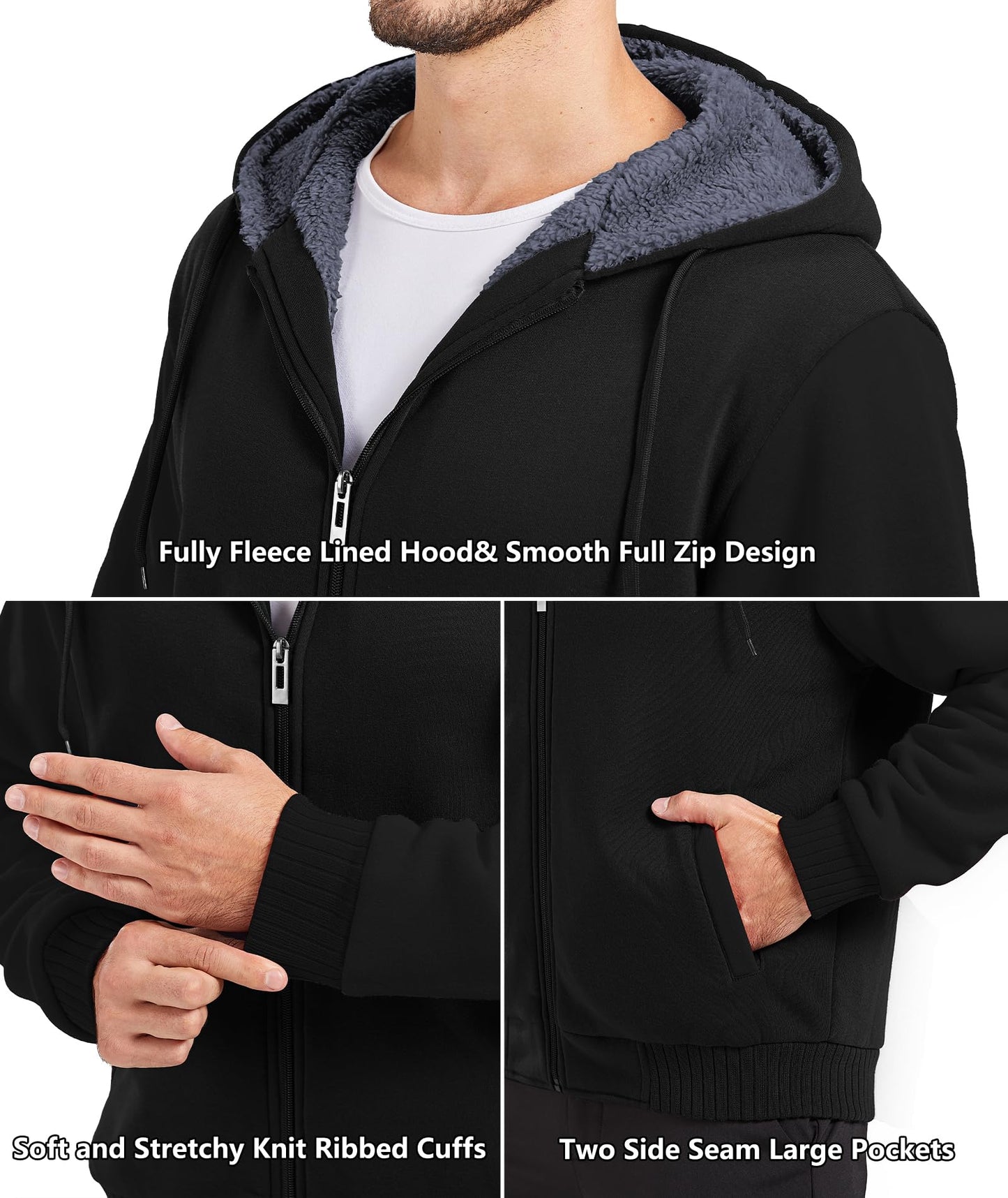 GEEK LIGHTING Men’s Fleece-Lined Zip Up Hoodie, Thick Hooded Jacket Winter Warm Athletic Sweatshirt, Pure black L