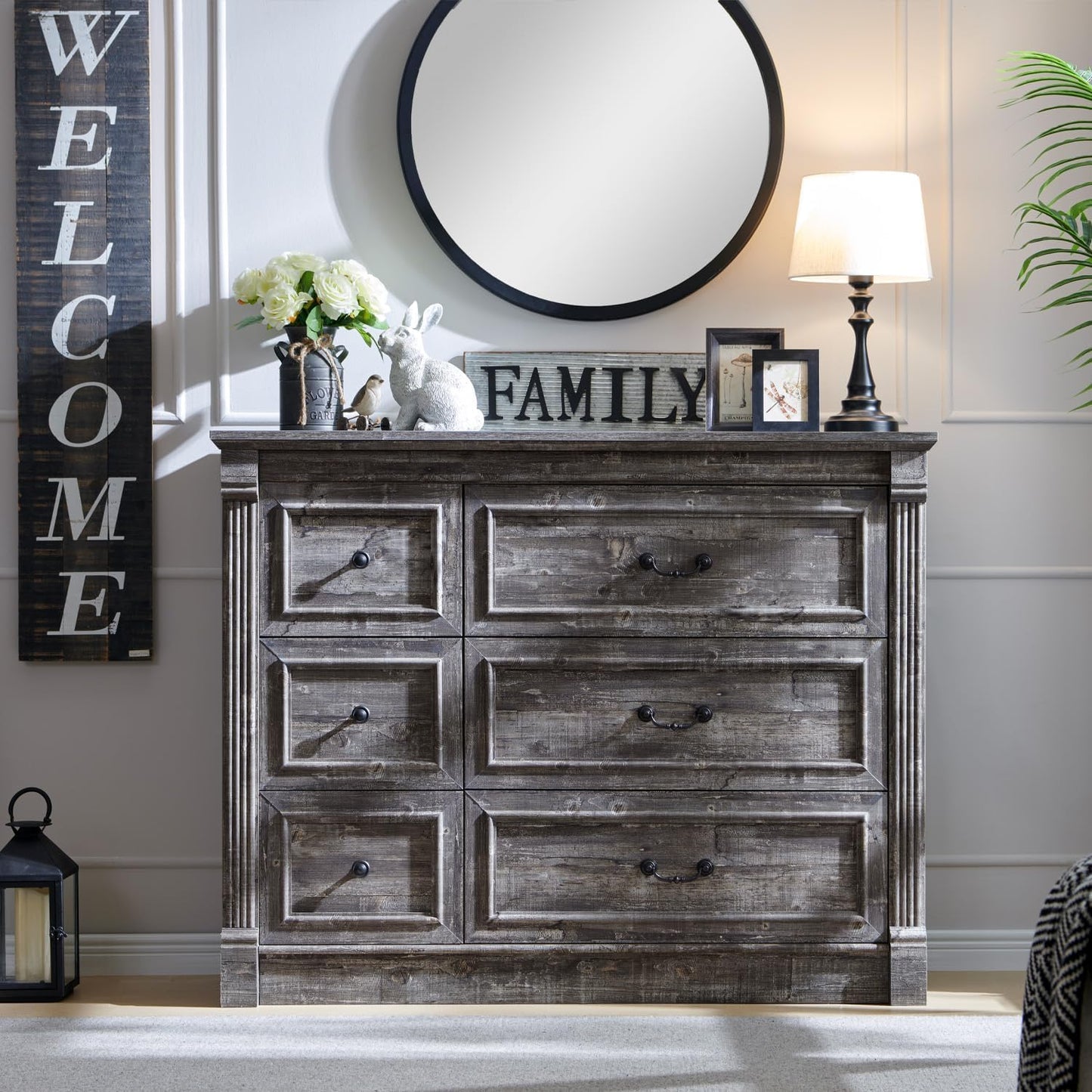 Aitjunz Farmhouse 6 Drawers Dresser for Bedroom, 48" Wide Large Dressers & Chests of Drawers w/Roman Column, Storage Dressers Organizer for Bedroom, Hallway, Living Room, Light Grey