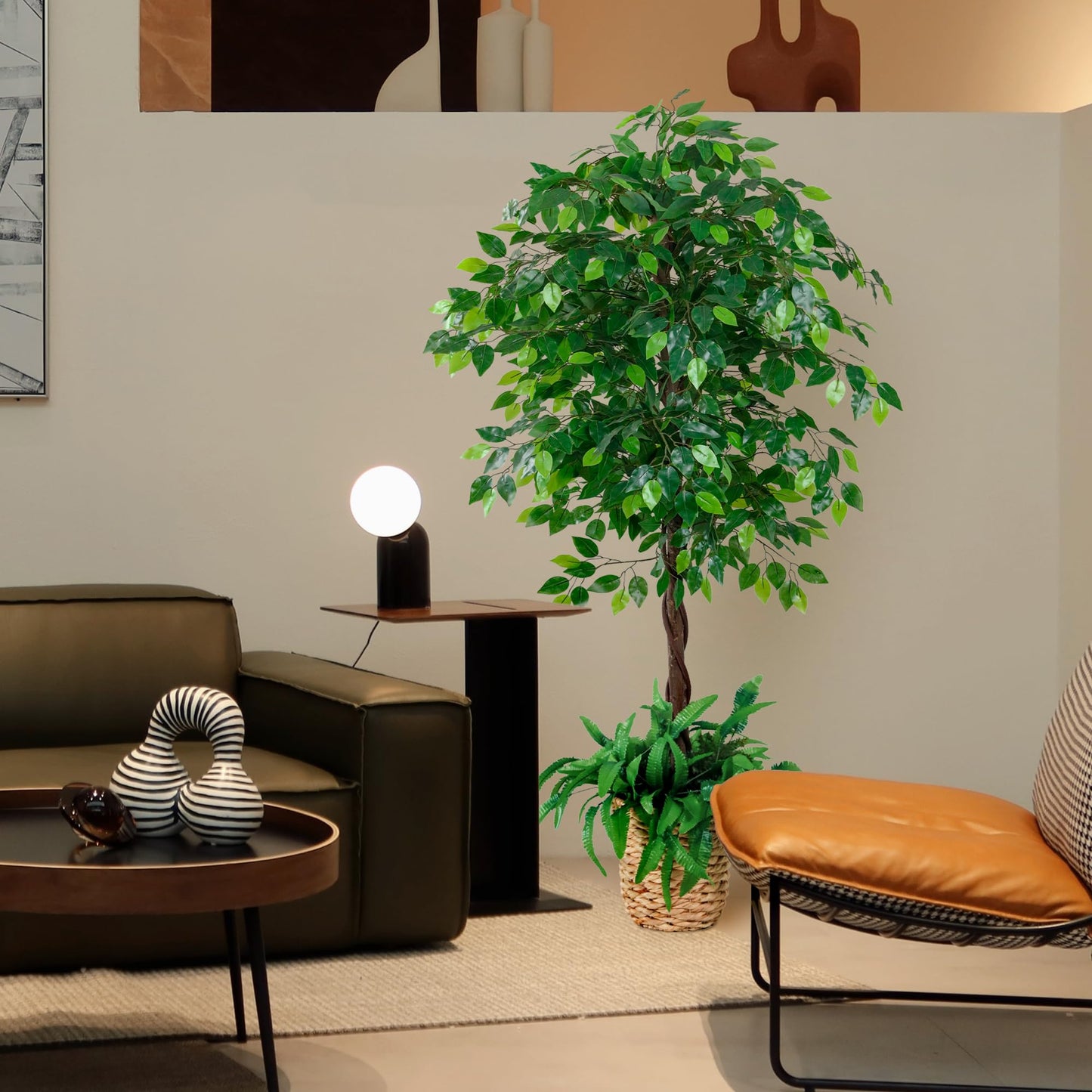KOL 6ft Artificial Ficus Plants with 10’’ Hand-Woven Flower Basket, Realistic Fake Fiddle Leaf Fig Tree,70in Faux Silk Plant, Lyrata Plant Greenery,1826 Leaves,Indoor Outdoor Office Decor