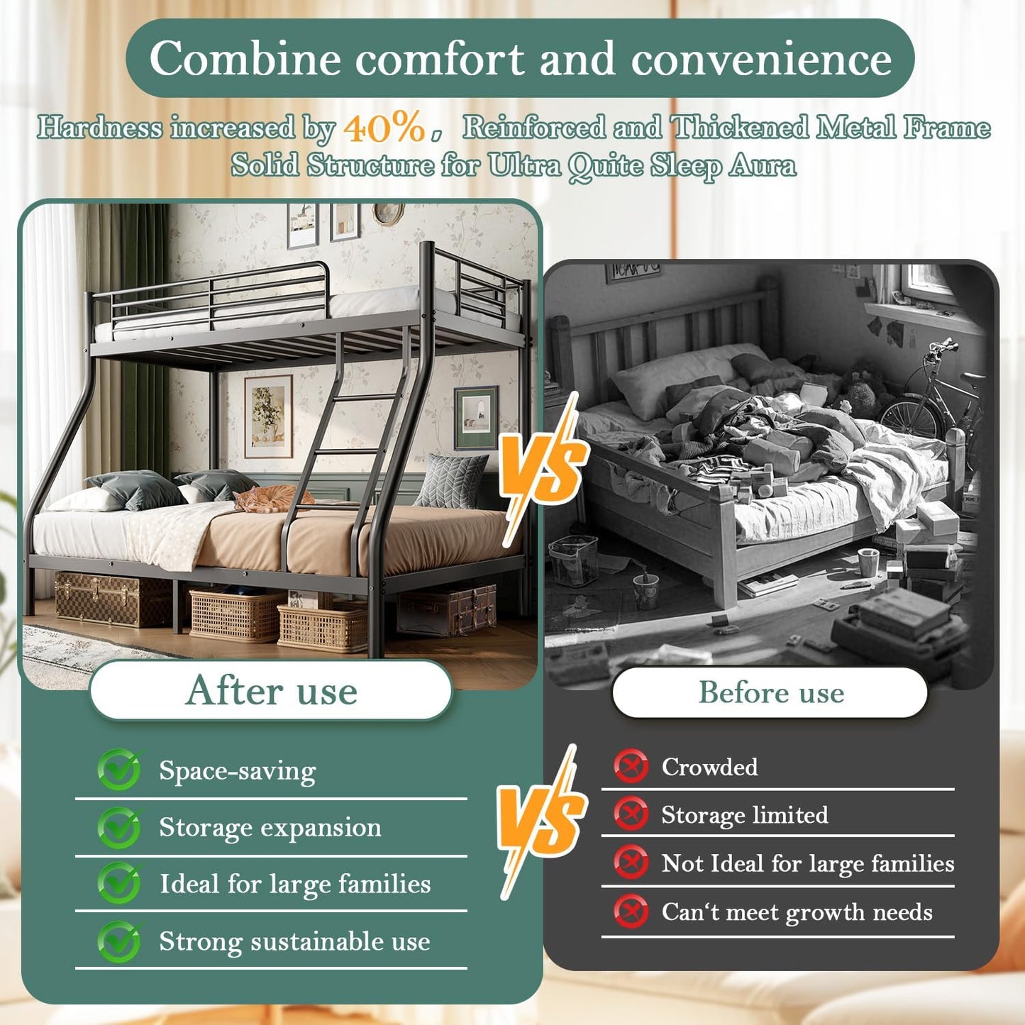 Cyranture Bunk Beds Twin Over Full Size, Heavy Duty Bunk Beds with Bottom Space & Guardrail Metal Bunk Bed Frame for Adults Dorm Bedroom Guest Room, No Box Spring Needed（Upgrate Black）