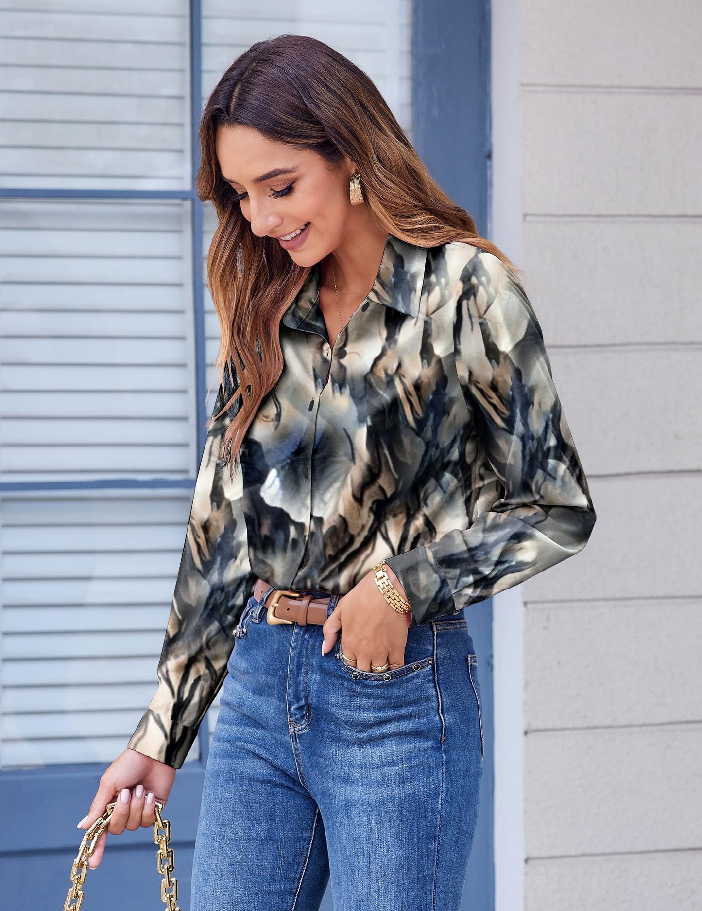 Zeagoo Womens Clothing Long Sleeve Blouses Vneck Button Down Shirts Printed Tops Ladies Fashion Outfit