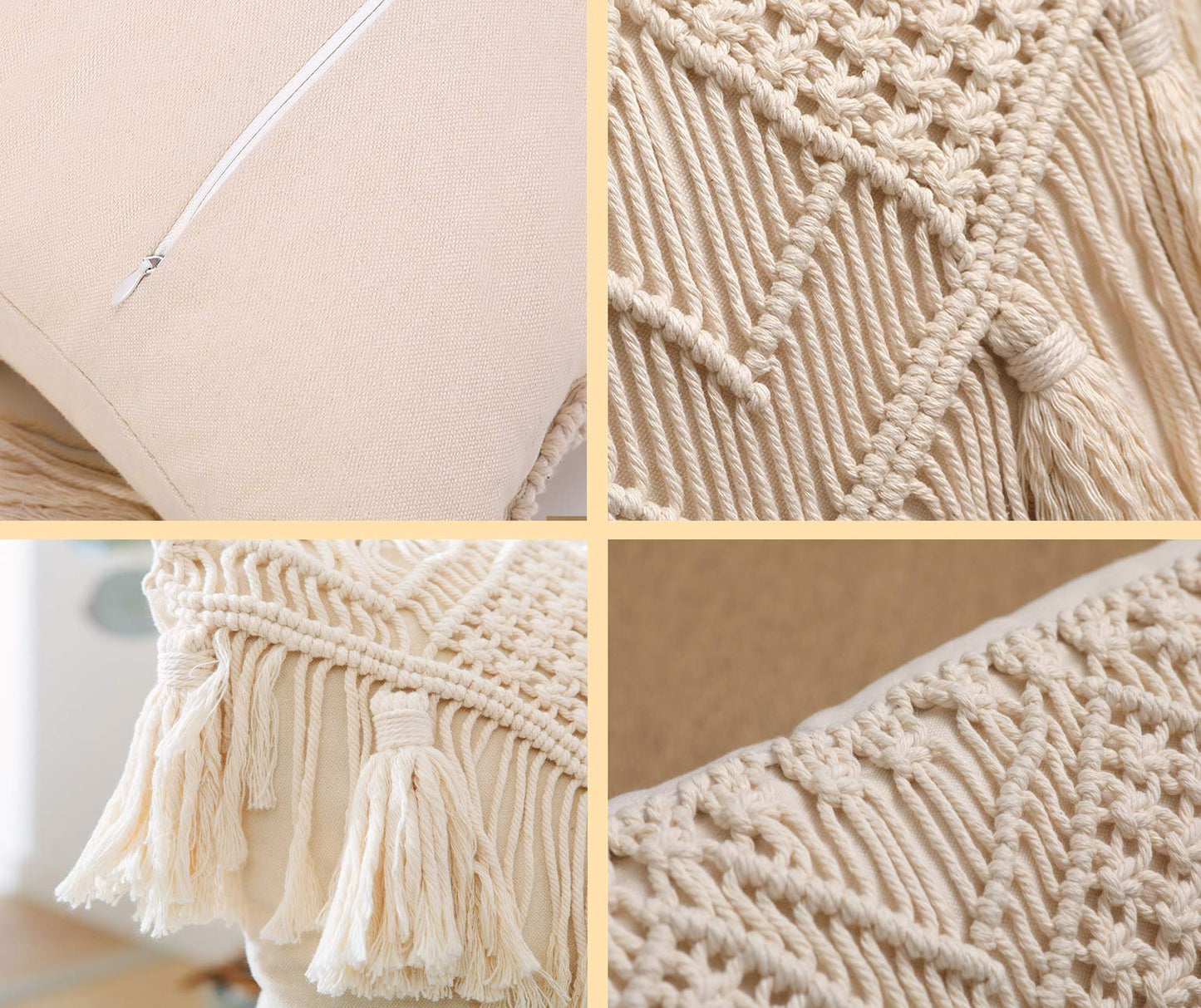 Macrame Throw Pillow Cushion Covers , Woven Boho Bed Sofa Couch Bench Car Home Decor, Comfy Square Pillow Cases with Tassels, Set of 2 Decorative Pillowcase (17X17 inch, Cream)