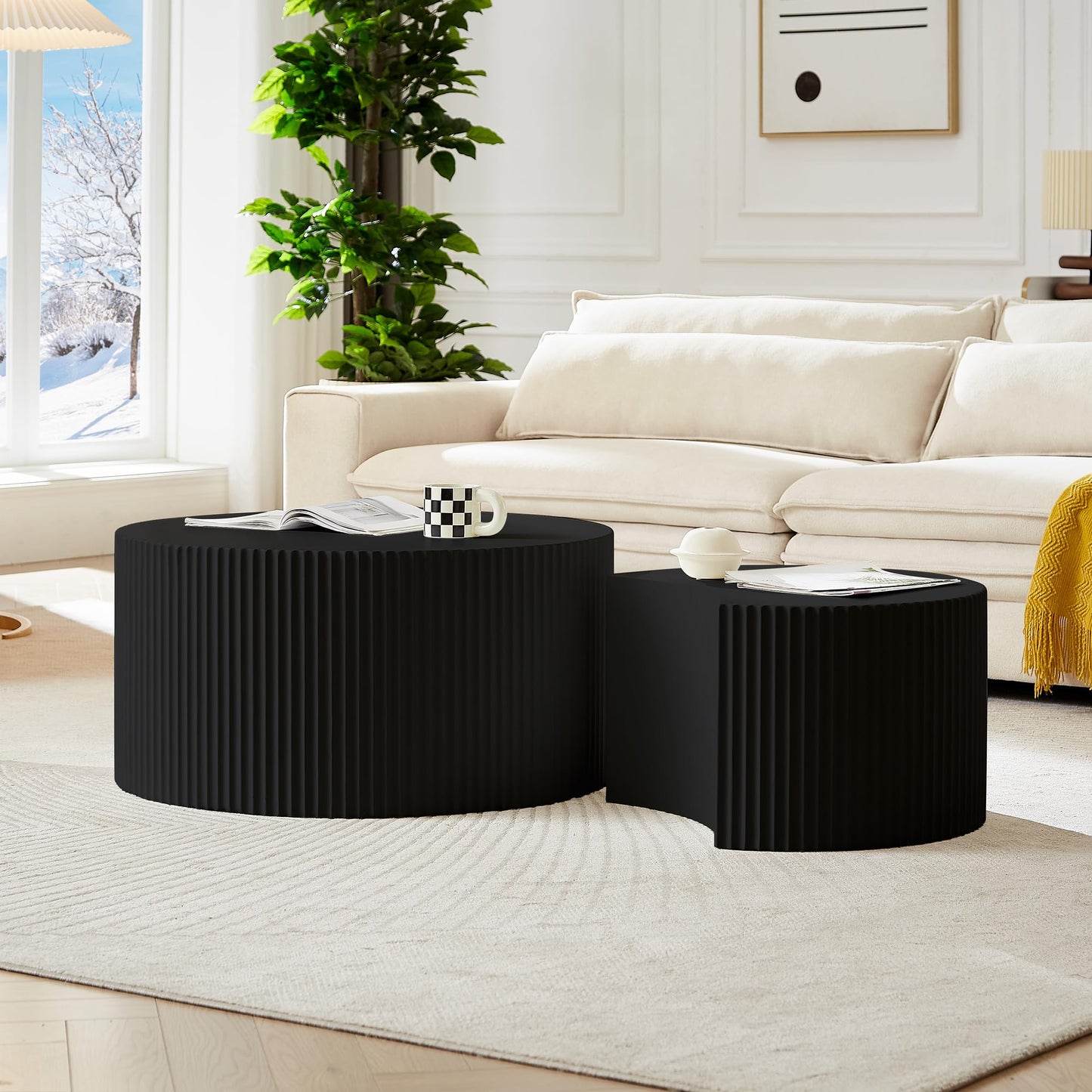 JUSTONE Set of 3 Black Round Coffee Table Set Side Table End Table for Living Room, Drum Round 3 Peice Nesting Coffee Modern Coffee Table for Apartment Office,No Assembly (3PCS,Black)