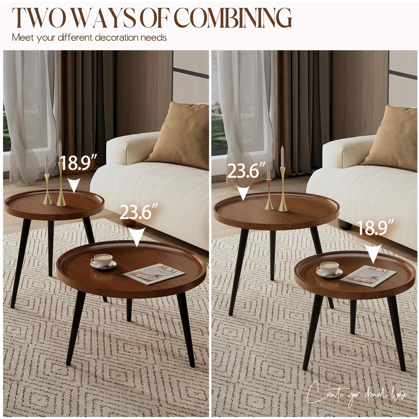 IKSII 2-Piece Set Modern Round Coffee Tables for Living Room,Easy Assembly Nesting Coffee Tables for Small Space,Brown Walnut Color Circle Side Tea Tables for Bedroom Office Balcony Yard