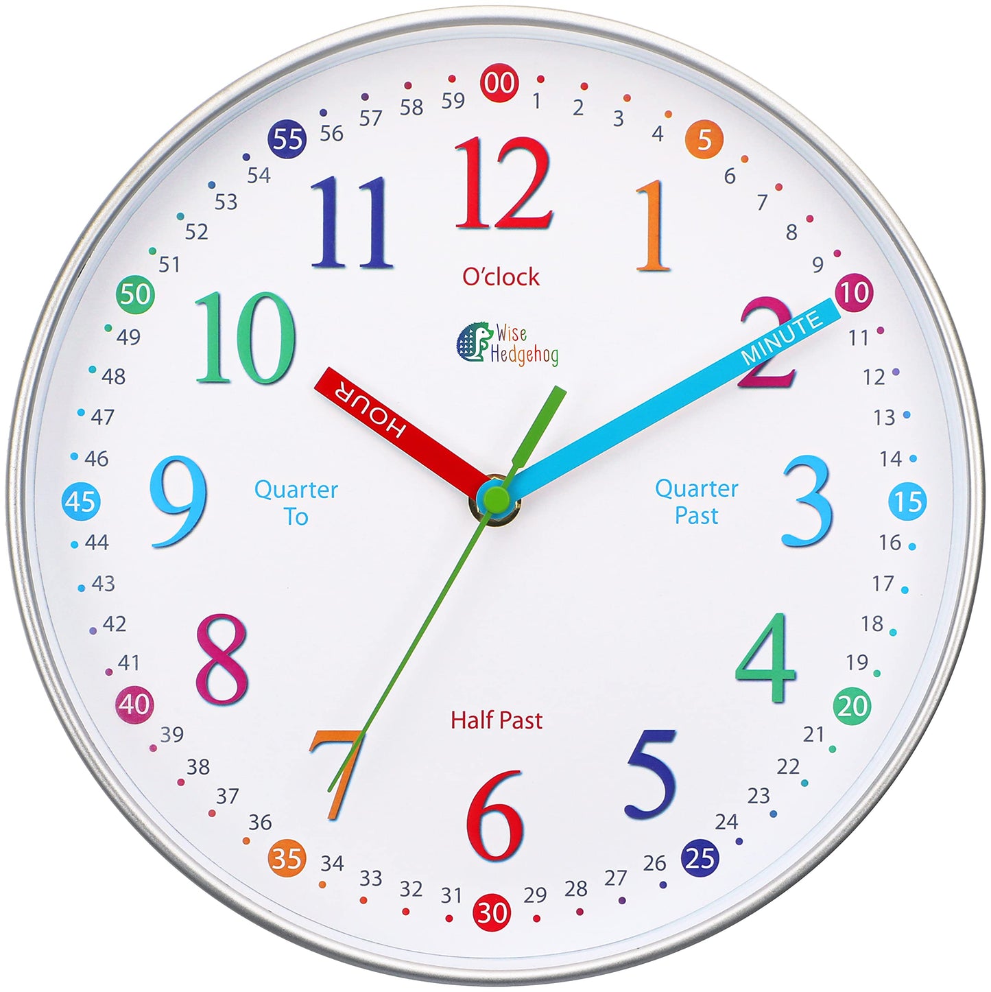 WISE HEDGEHOG Telling Time Teaching Clock, 10 inch Silent Non Ticking, Battery Operated, Analog Learning Clock for Kids, Perfect Wall & Kids Room Decor & School Classrooms