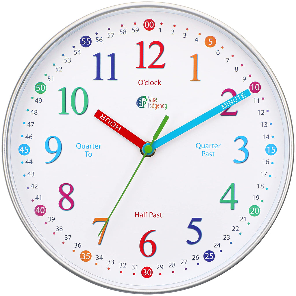 WISE HEDGEHOG Telling Time Teaching Clock, 10 inch Silent Non Ticking, Battery Operated, Analog Learning Clock for Kids, Perfect Wall & Kids Room Decor & School Classrooms