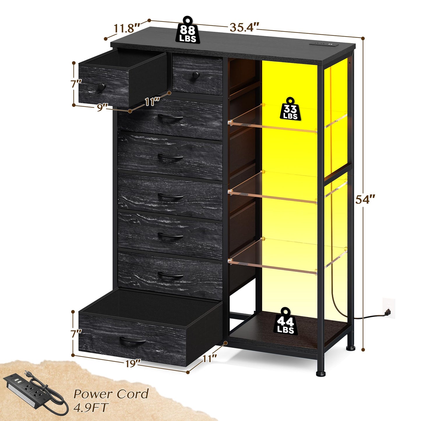EnHomee 54" H Dresser for Bedroom with LED Lights & Power Outlets Dresser with 8 Drawers Fabric Dressers & Chests of Drawers for Bedroom, Sturdy Metal Frame, Acrylic Plates (Charcoal Black)