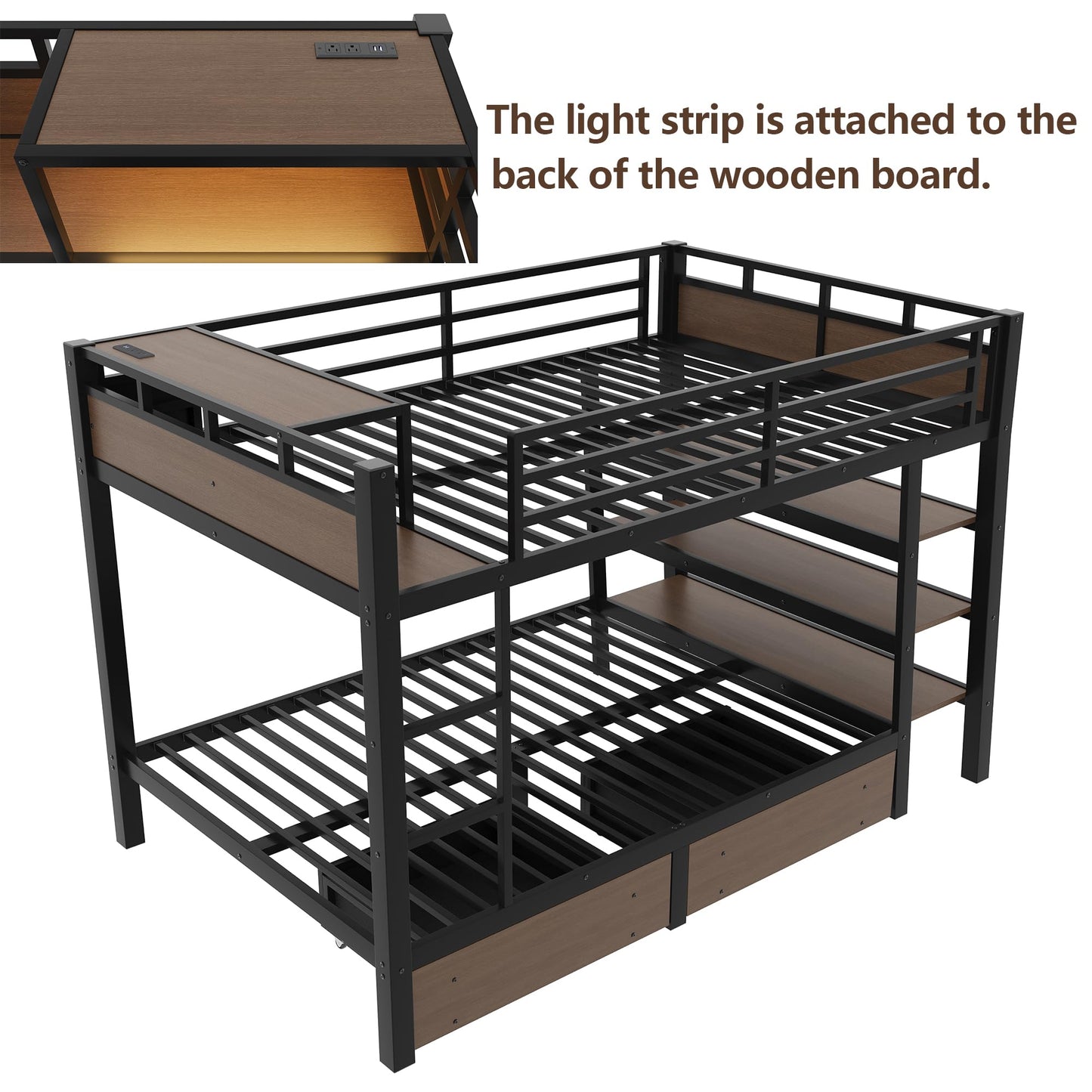 Bellemave Full Size Bunk Bed with Storage Drawers and 3-Tier Shelves, Full Bunk Bed with Charging Station and Lights, Heavy Duty Metal Bunk Beds for Teen, Adults