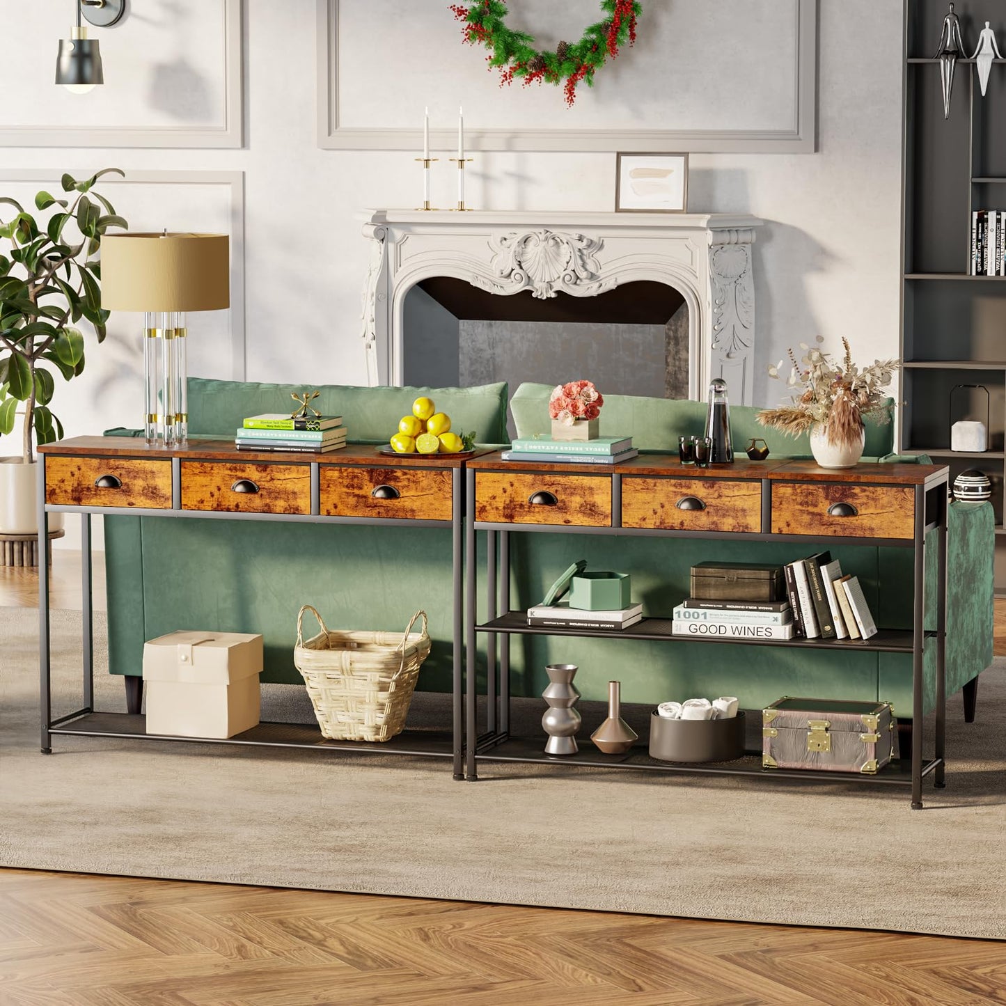 Furologee Entryway Table, 38'' Console Sofa Table with 3 Fabric Drawers, Industrial Entry Way Table with Storage Shelves, Display Shelf for Living Room, Hallway, Entrance, Foyer, Rustic Brown