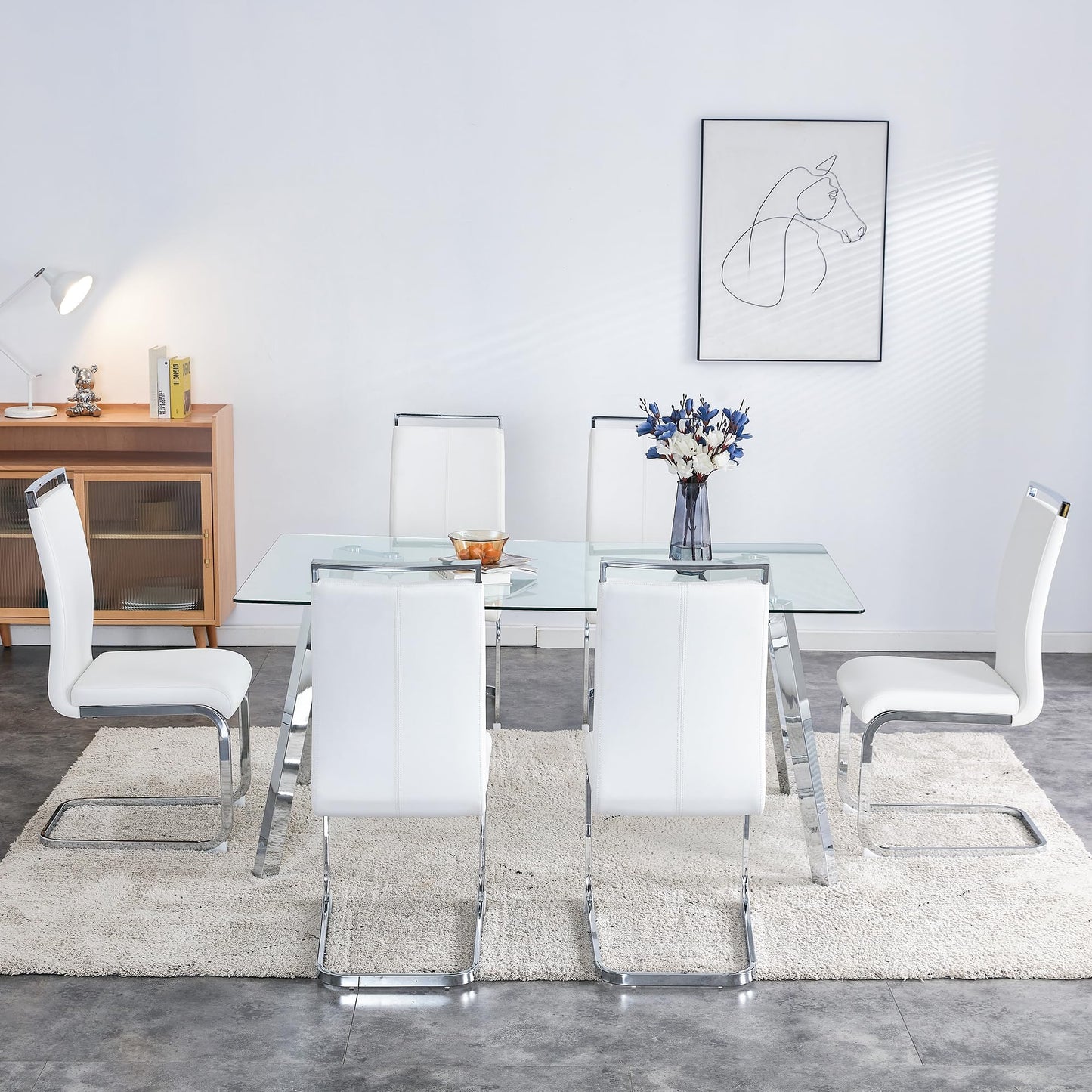 MEMUY 63" Glass Dining Table Set of 6,Ample Tempered Glass Top with Silver Metal Legs,Kitchen Room Table with 6 White Faux Leather Dining Chairs,Dinner Table for Dining Room Office