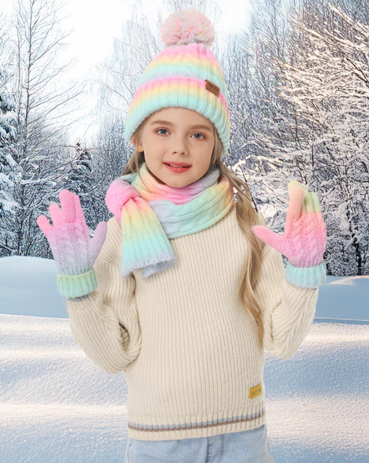 Remifa Kids Winter Hat Scarf Gloves Set, Girls Boys Toddler 8% Wool Warm Fleece Beanie Knit Neck Scarf Mittens Christmas Gift, Macaron, 3-8 Years Old
