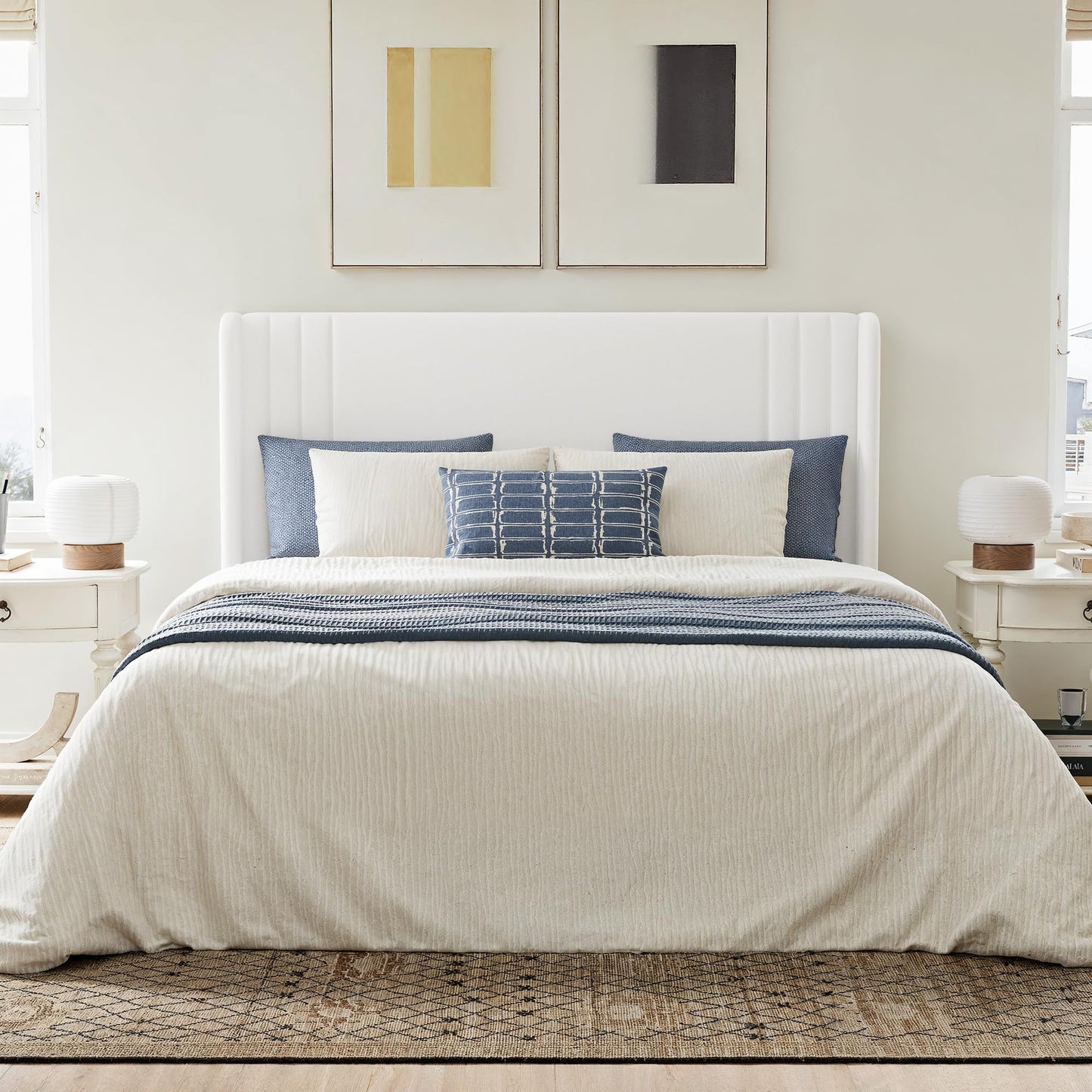GOLDORO Queen Size Velvet Platform Bed Frame with Vertical Tufted Wingback Headboard, Easy Assembly, Under Bed Storage, No Box Spring Required, Modern Style, White